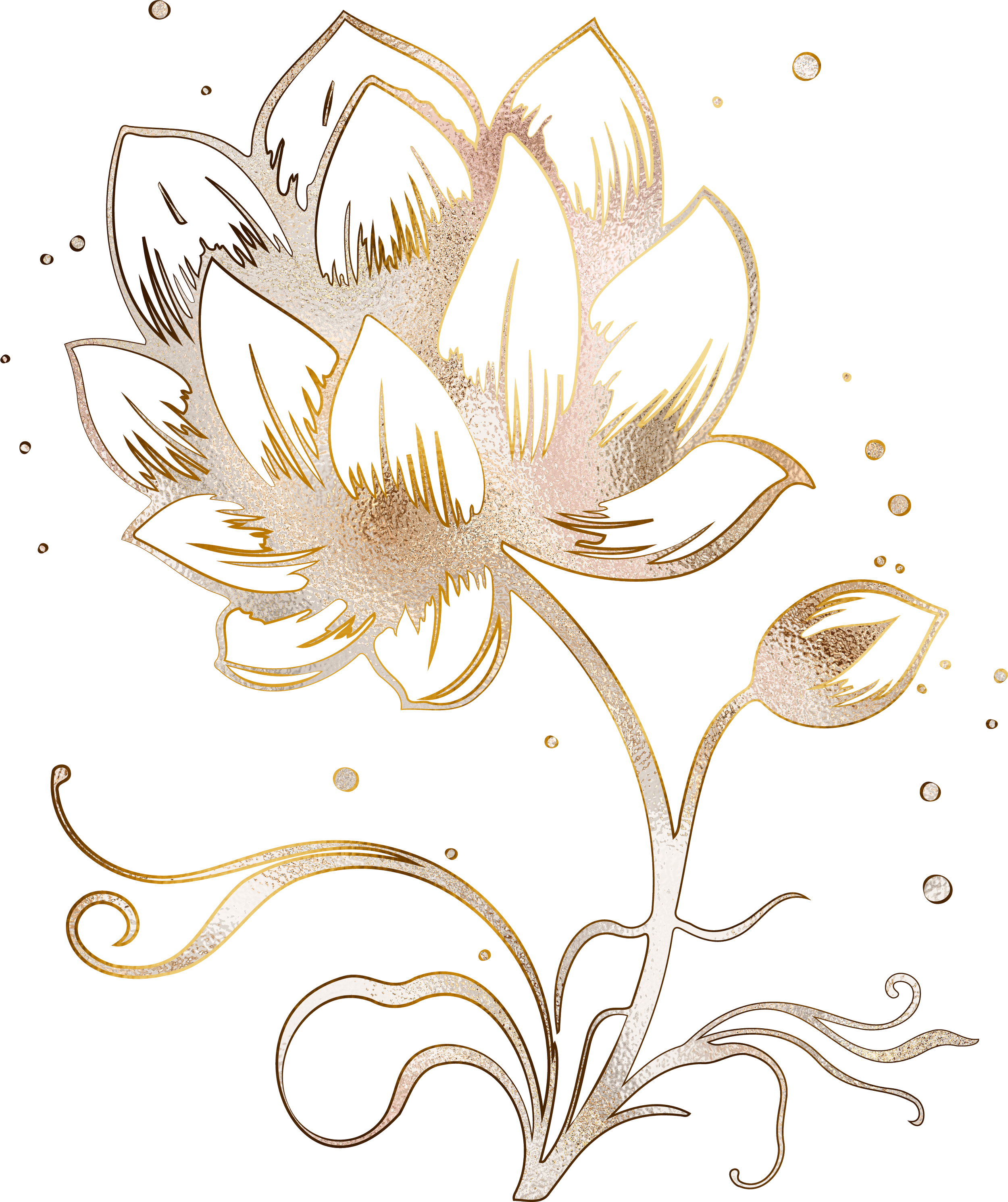 Eine stilisierte Blume mit großen Blütenblättern und einem langstieligen Zweig, in Gold- und Beigefarben gehalten.