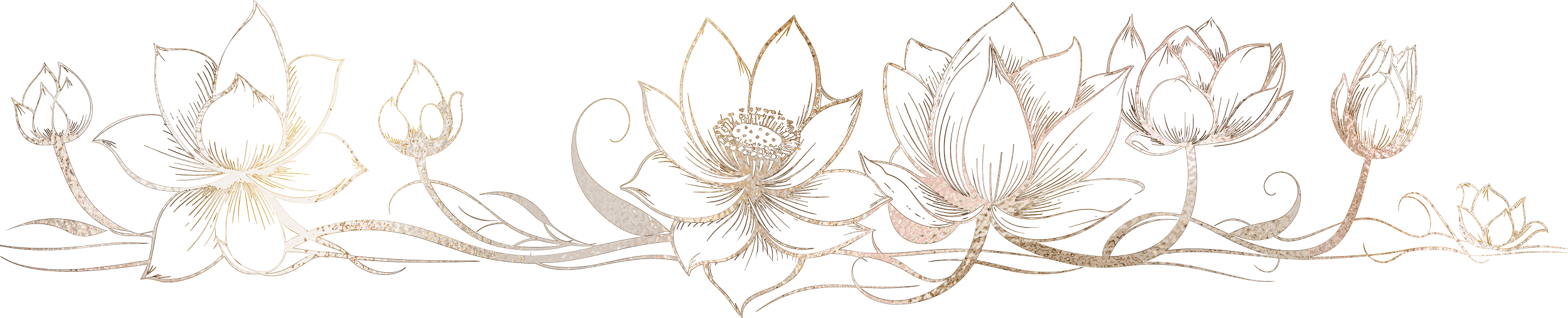 Eingefasste florale Muster in einer gold- und silberfarbenen Linie auf schwarzem Hintergrund.