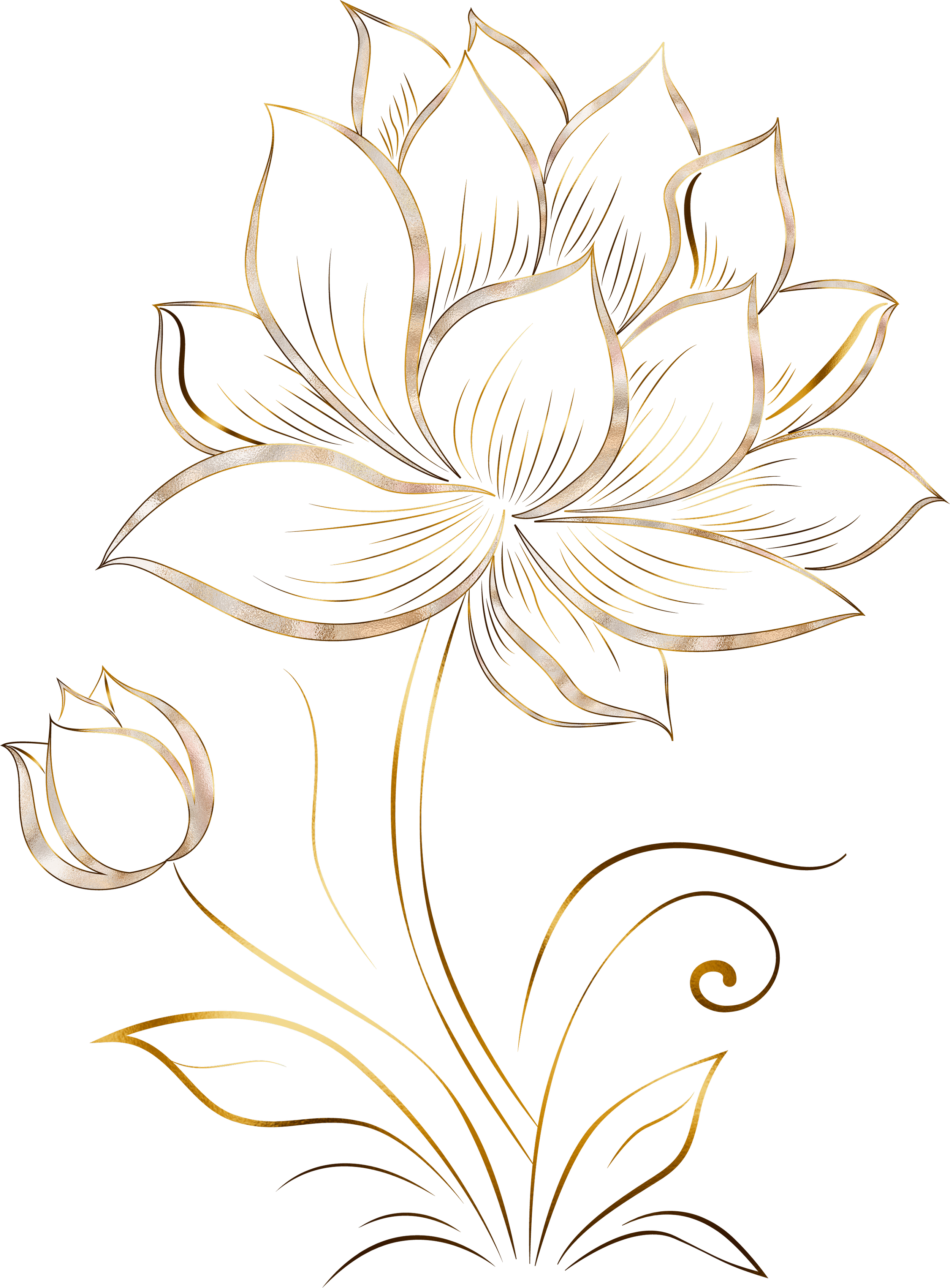 Eine digitale Illustration einer stilisierten goldenen und schwarzen Blume mit blauen und goldenen Akzenten auf schwarzem Hintergrund.
