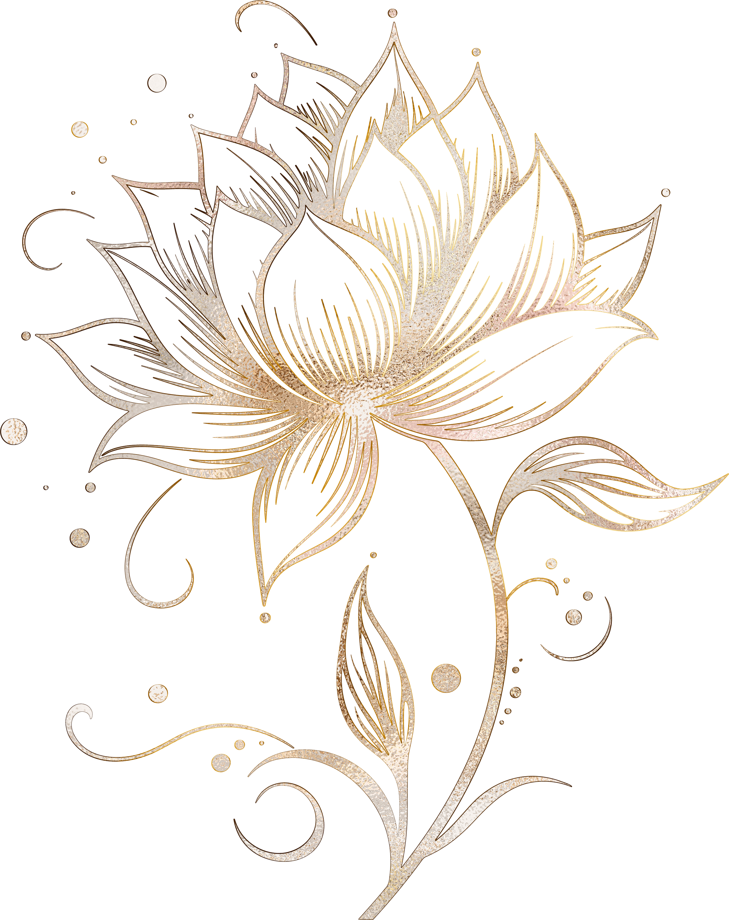 Eine stilisierte Blume mit goldenen Linien und Details, umgeben von dekorativen Elementen.