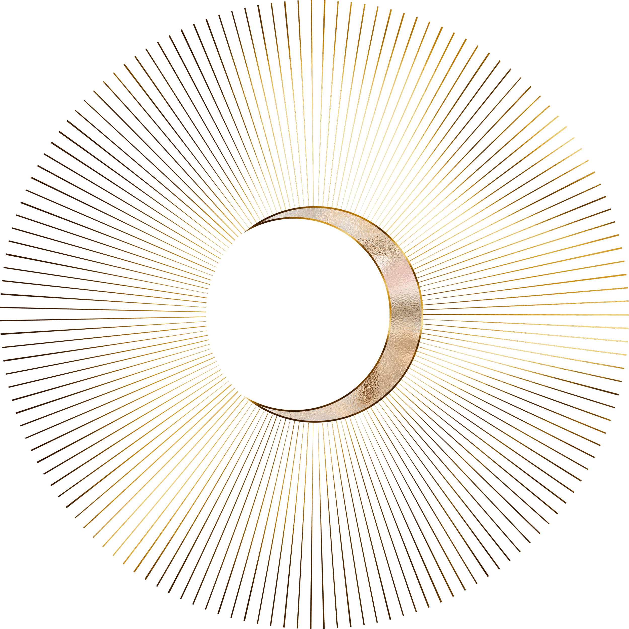 Goldene ringförmige Form in der Mitte mit goldenen Linien, die radial nach außen verlaufen, auf schwarzem Hintergrund.
