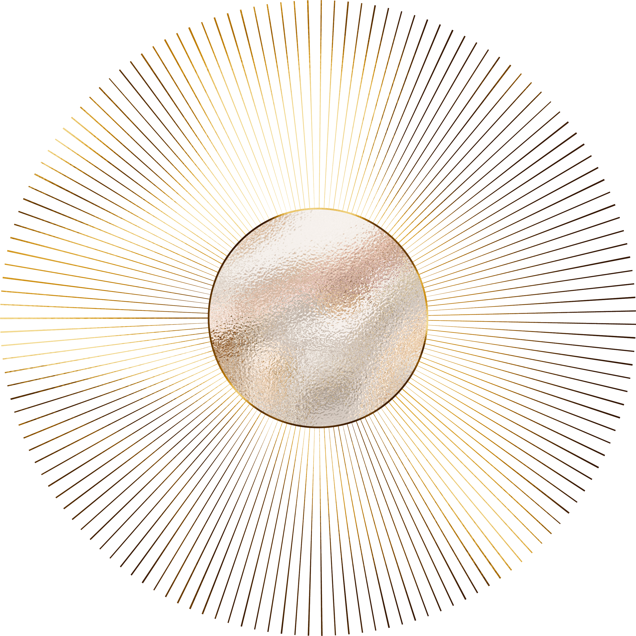 Kreisförmiges Design mit einem goldenen, spiegelartigen Mittelpunkt, umgeben von goldenen Linien, die radial nach außen verlaufen.