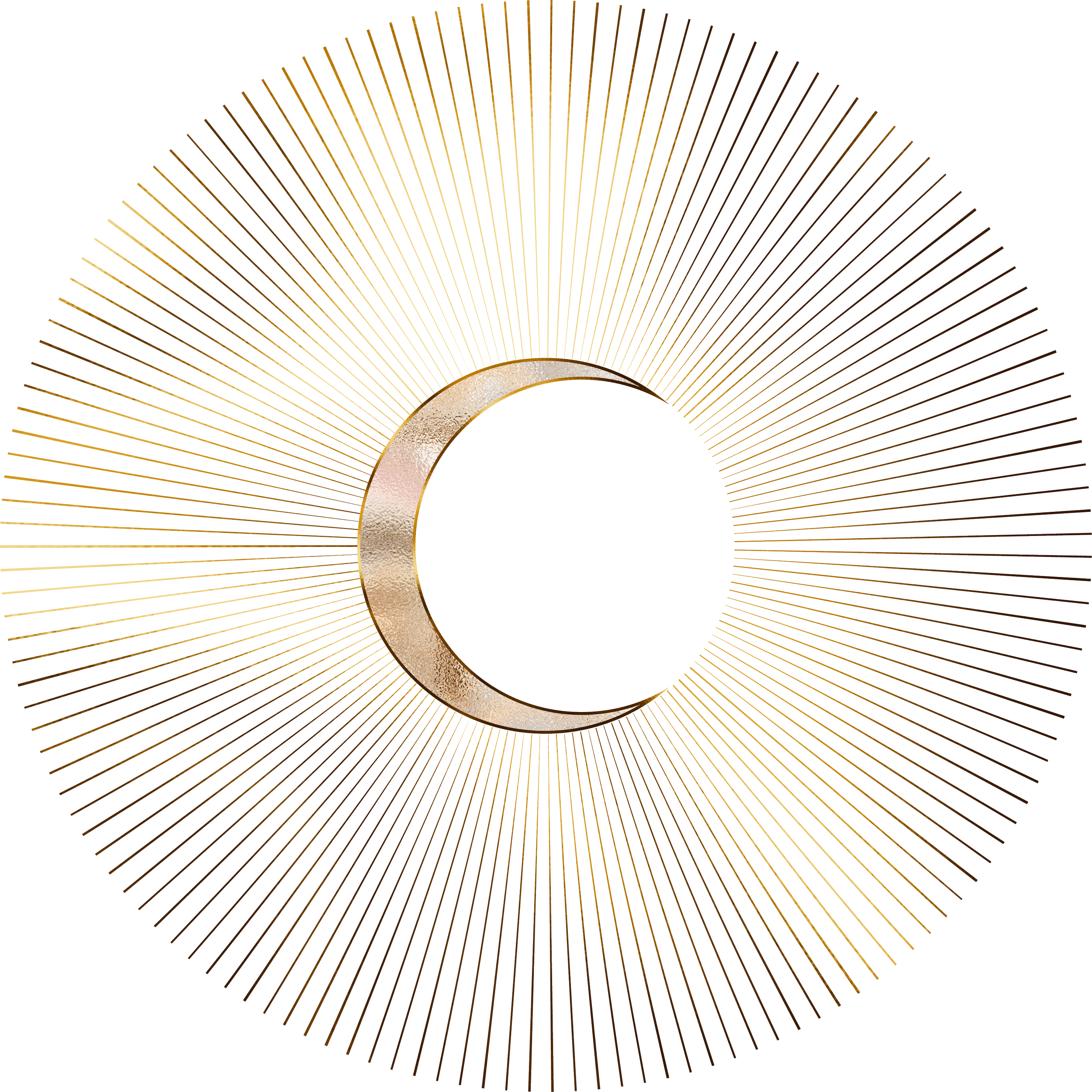 Ein dekoratives Wandbild mit einer goldfarbenen Metallkonstruktion in Form eines Mondes, umgeben von goldenen Strahlen, auf einem schwarzen und weißen Hintergrund.