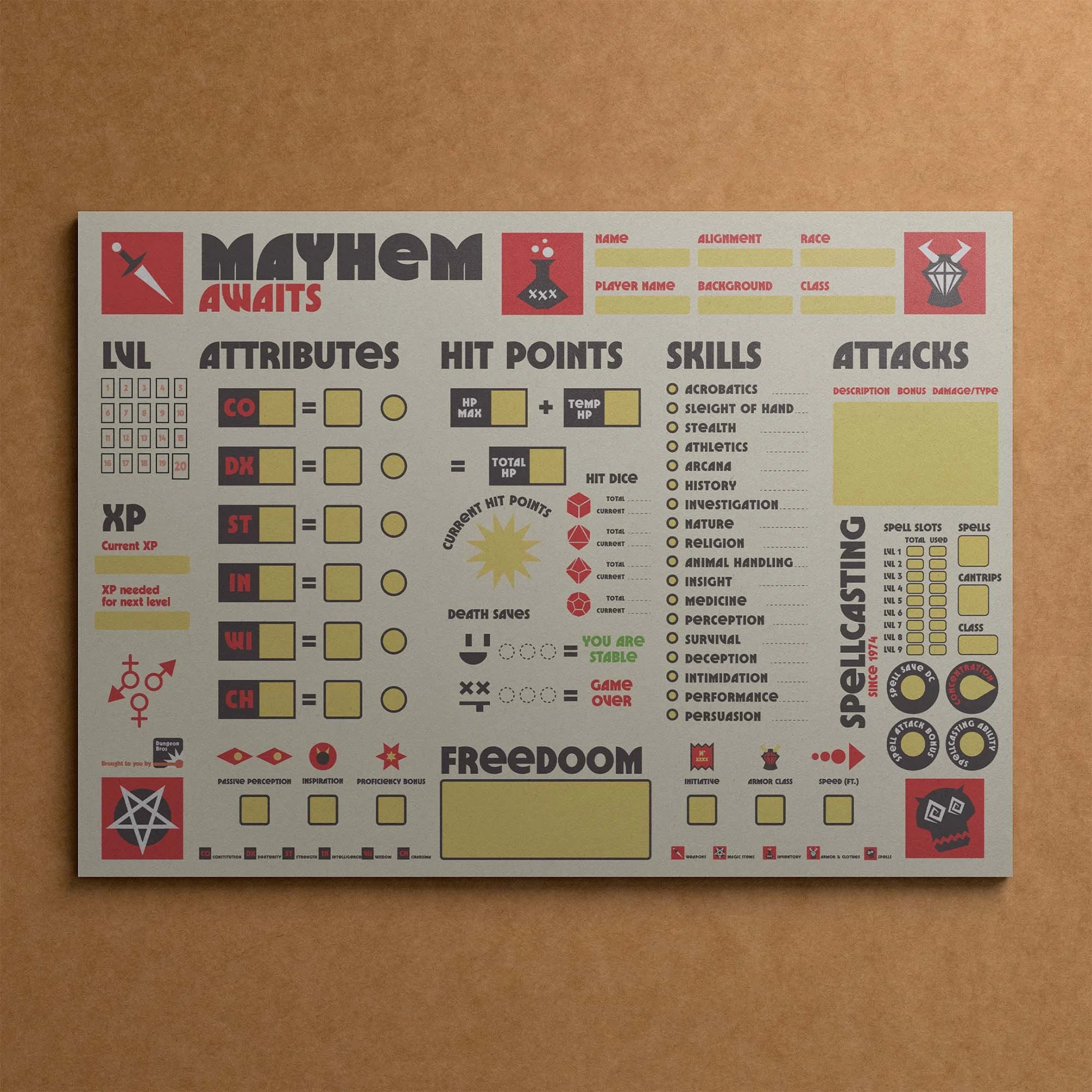 Dungeon Bros DnD 5e Mayhem awaits evil Character Sheet title