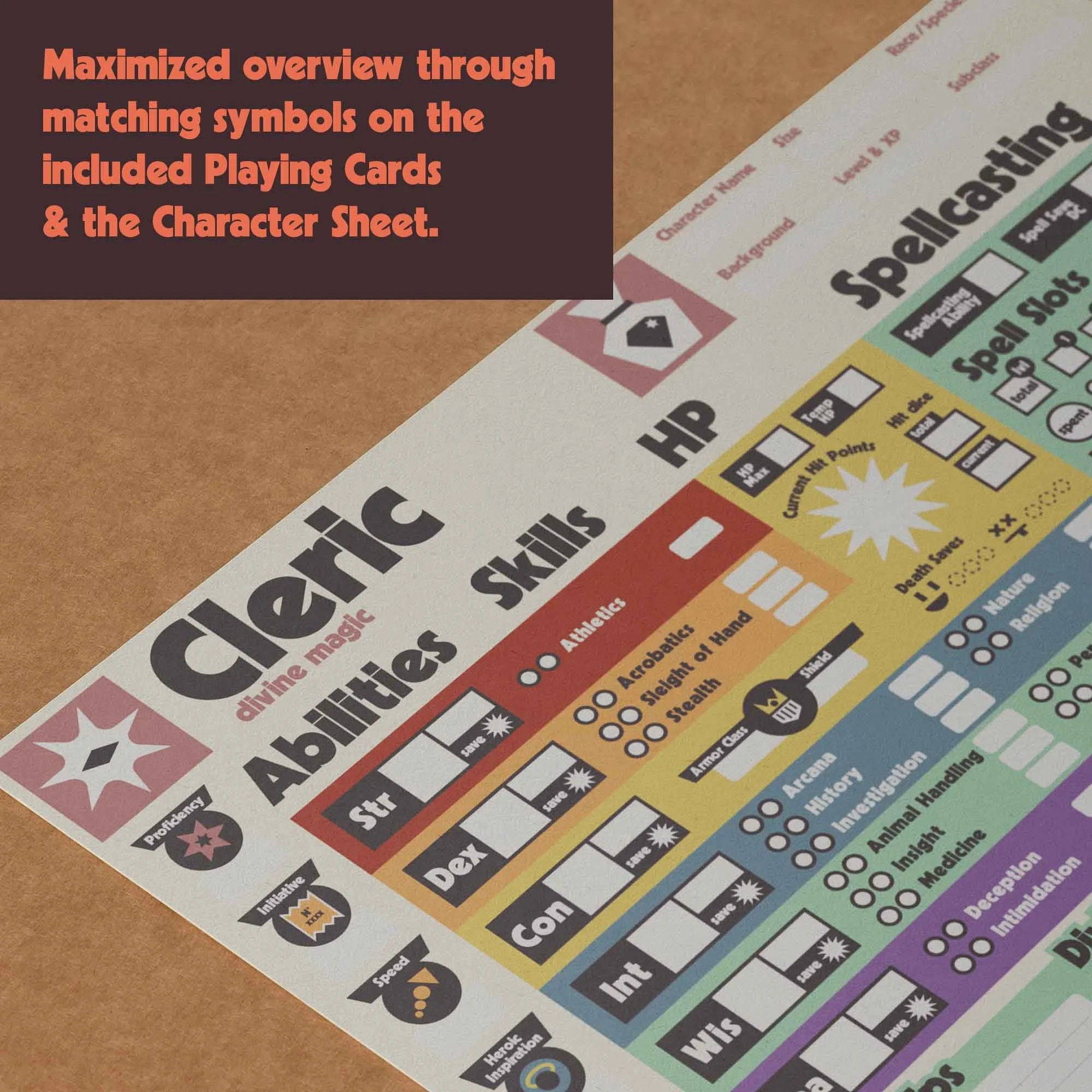 DnD 5e class specific Cleric character sheet Dungeon Bros symbols on cards and sheet