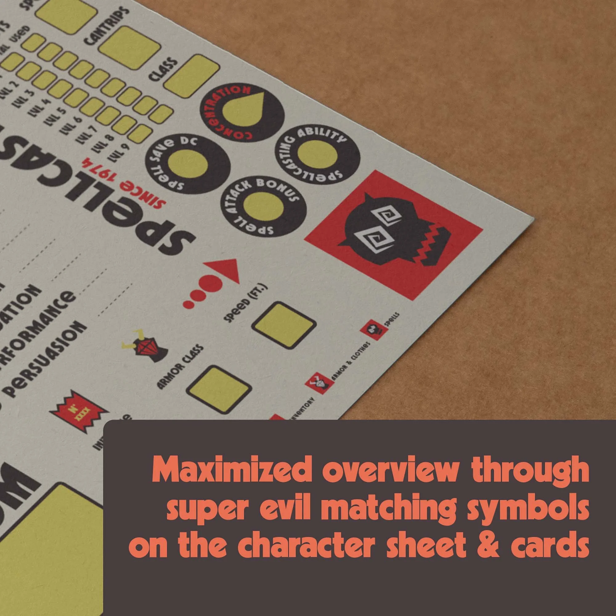 Dungeon Bros DnD 5e Mayhem awaits evil Character Sheet maximized overview matching symbols on sheet and cards