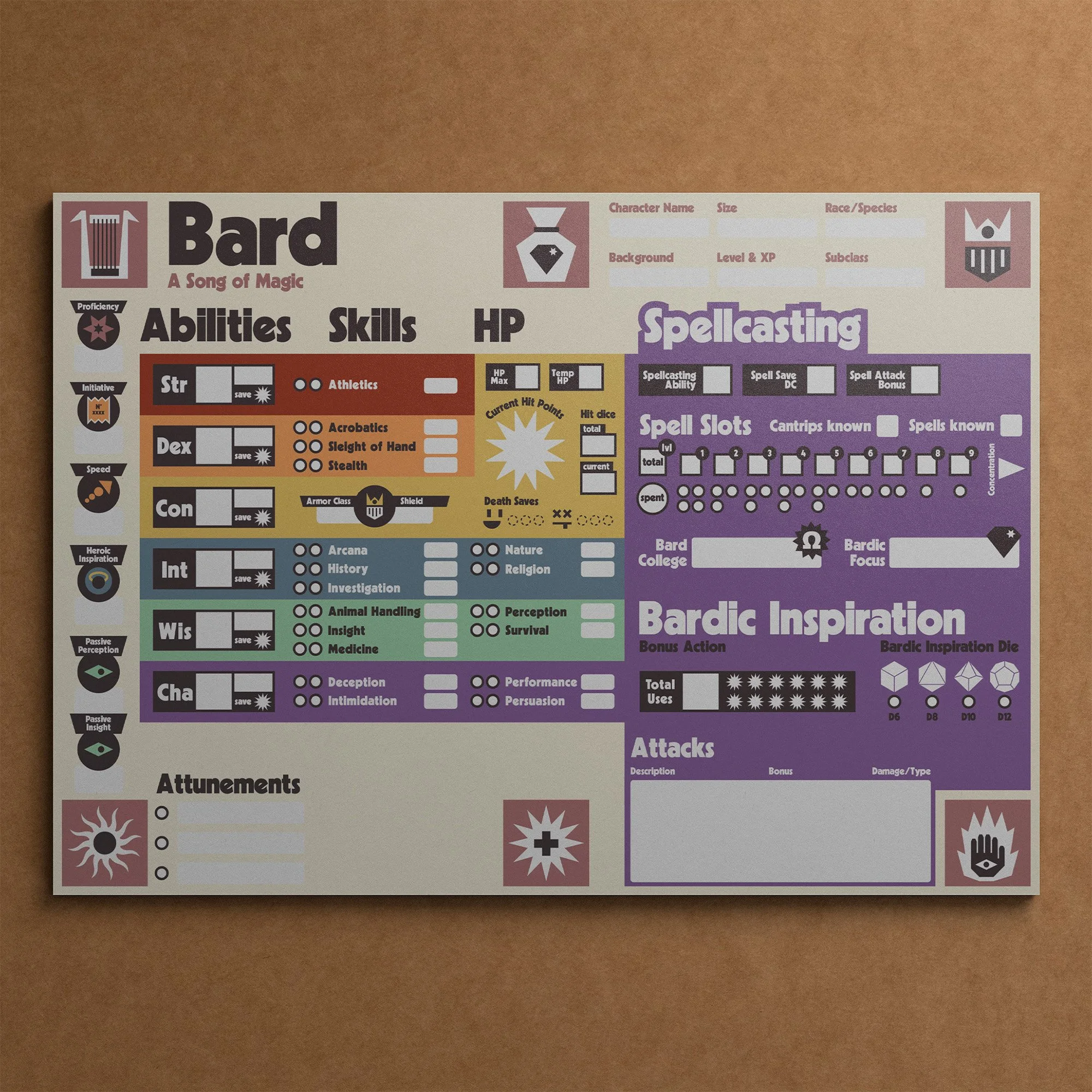 Dungeon Bros DnD 5e Bard Character Sheet class specific title