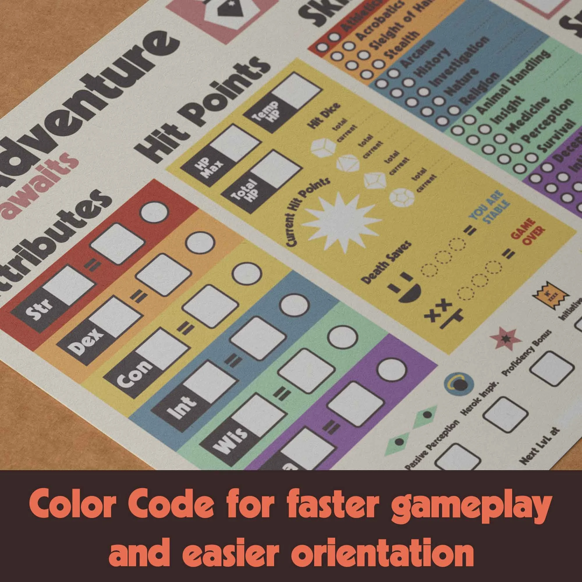 Dungeon Bros DnD 5e Adventure awaits Character Sheet color coded stats