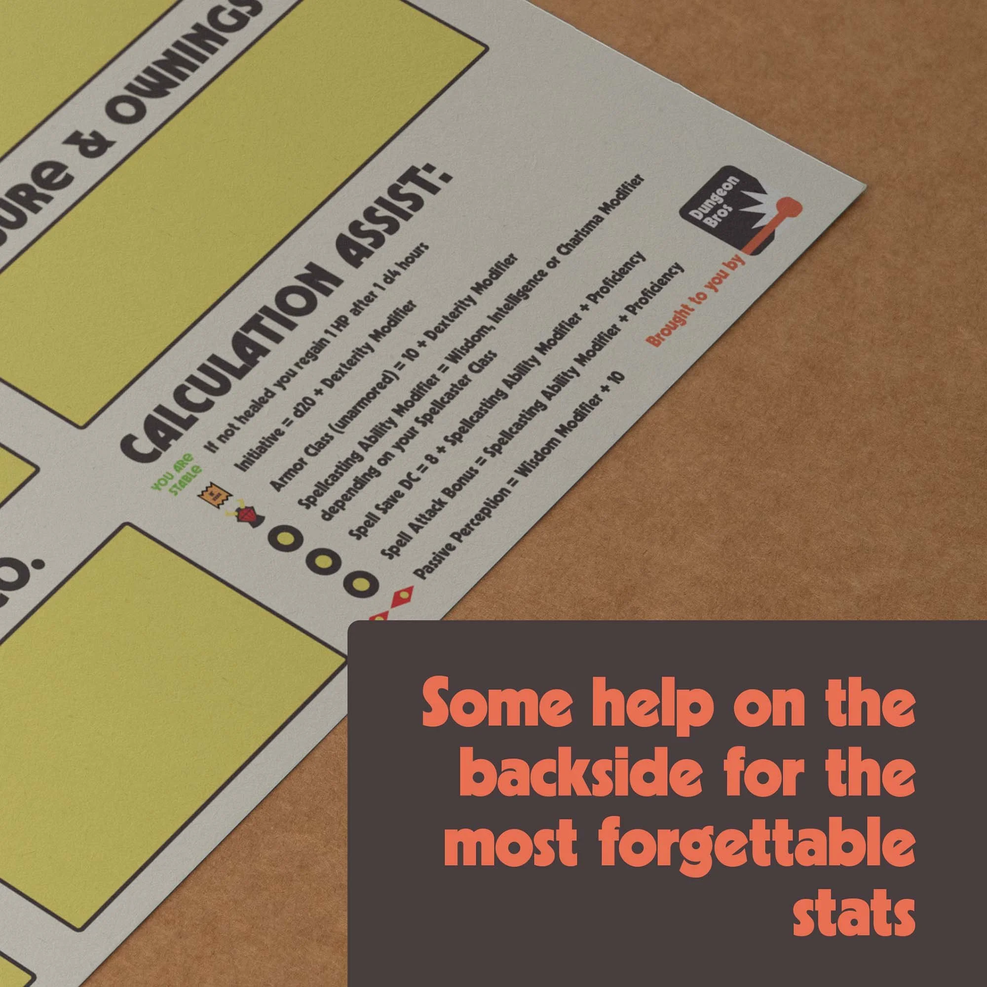 Dungeon Bros DnD 5e Mayhem awaits evil Character Sheet calculation assist backside