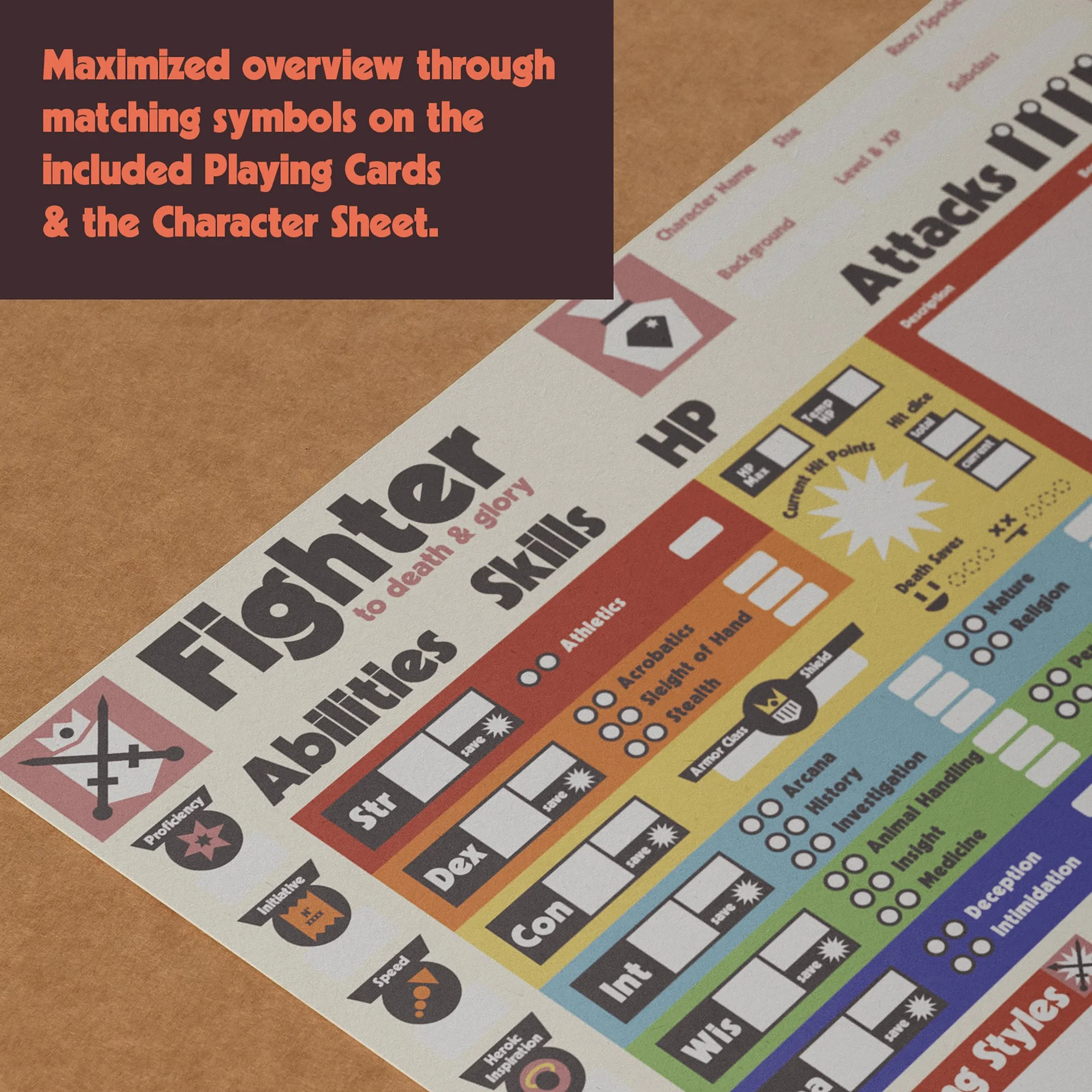 Dungeon Bros DnD 5e Fighter Character Sheet class specific maximized overview with clean design and playing cards