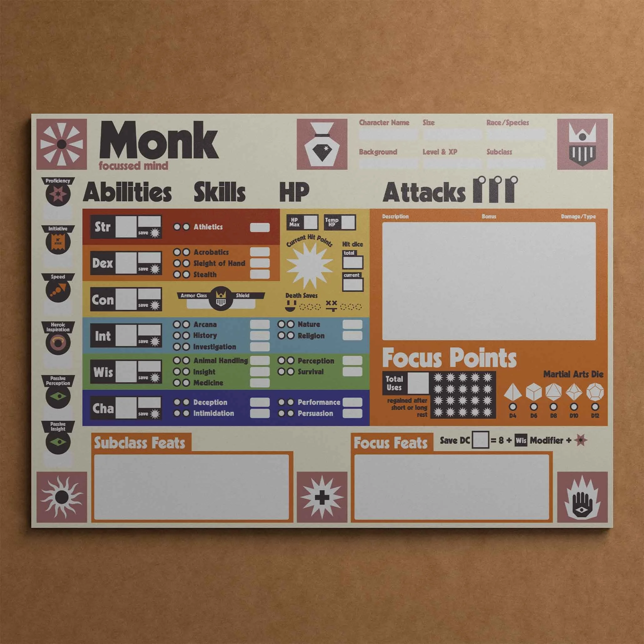 DnD Character Sheet Monk Class - Innovative Retro Design - Class specific - 5e compatible 2014 & 2024