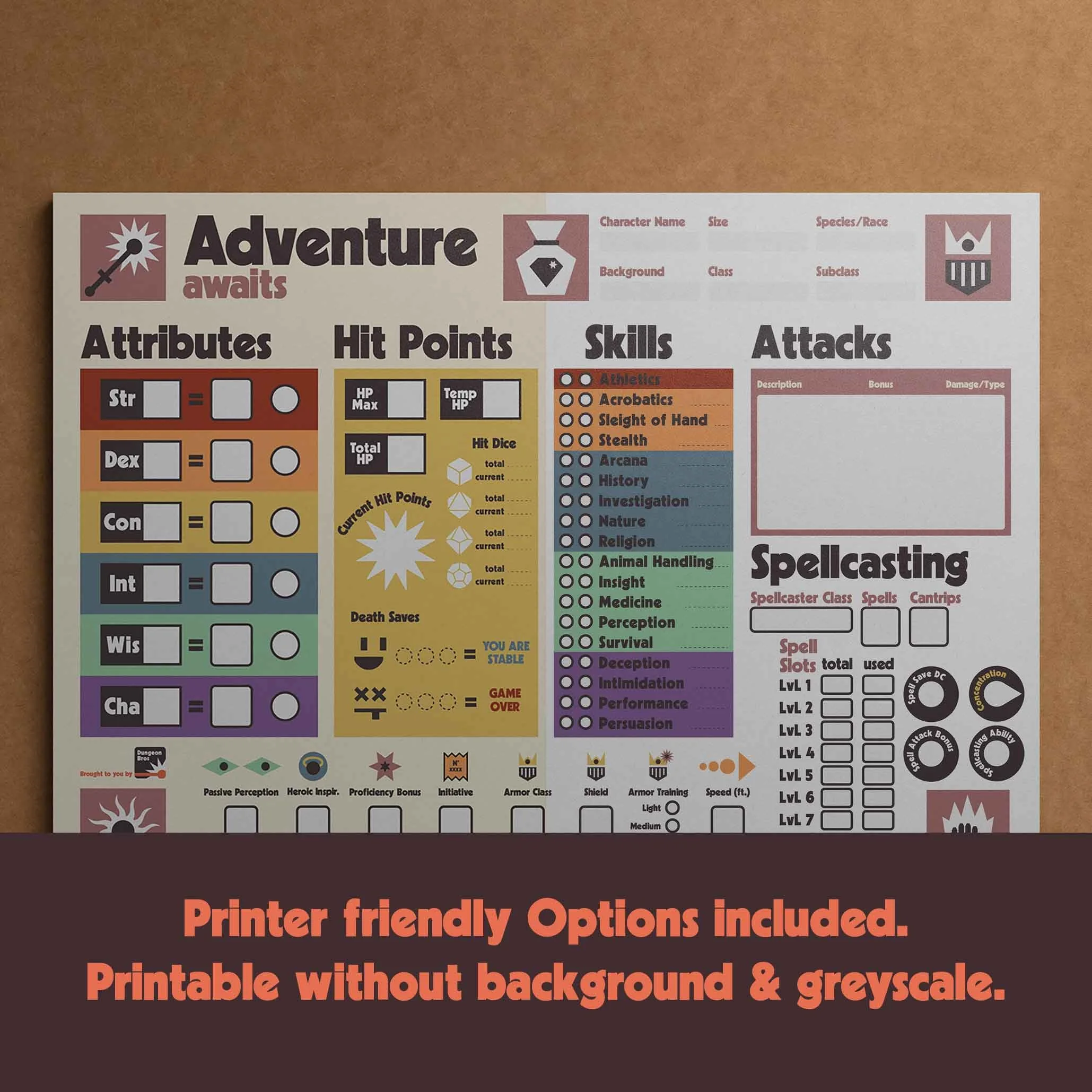 Dungeon Bros DnD 5e Character Sheets printer friendly options included