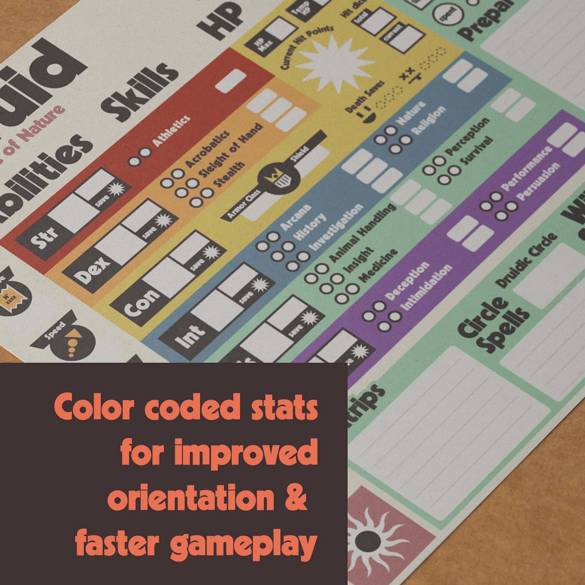 Dungeon Bros DnD 5e Druid Character Sheet class specific color coded stats