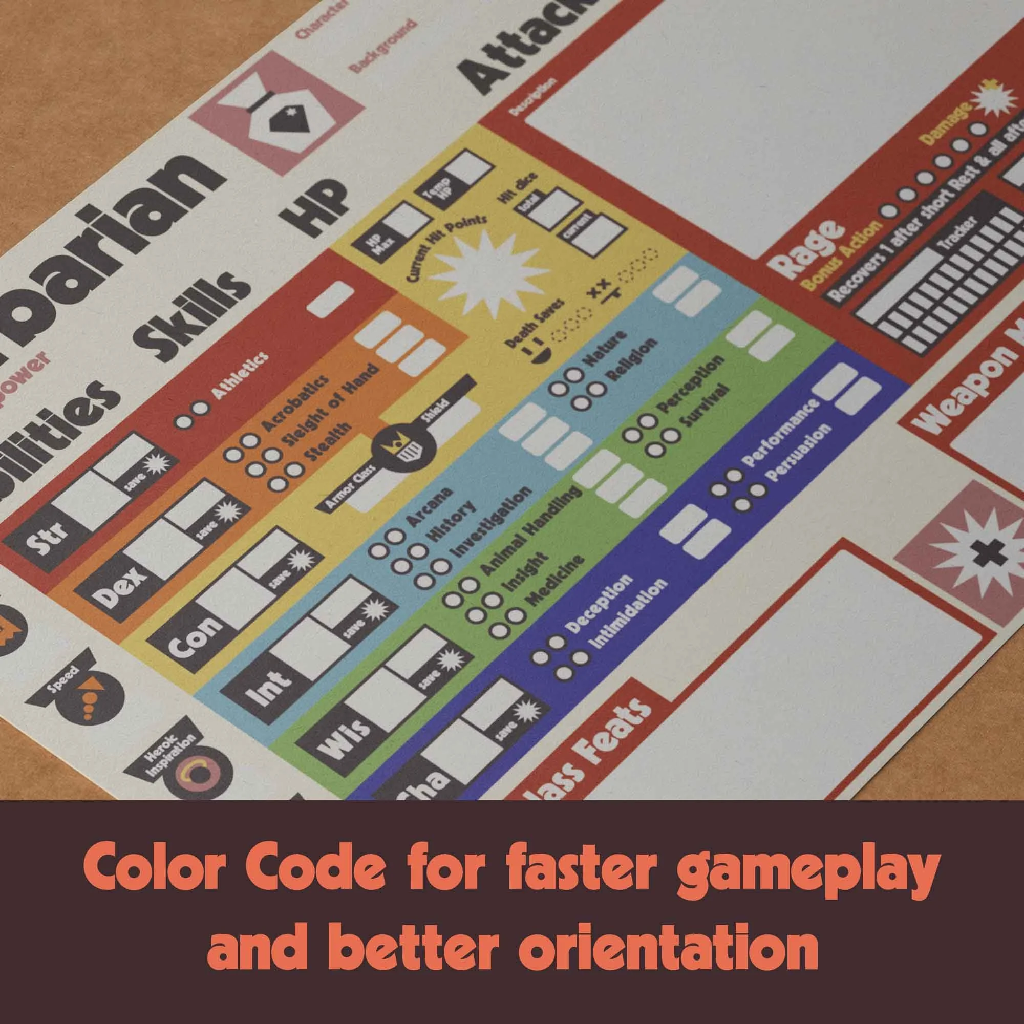 Dungeon Bros DnD Barbarian Class Character Sheet color code for faster, funnier and more immersive gameplay
