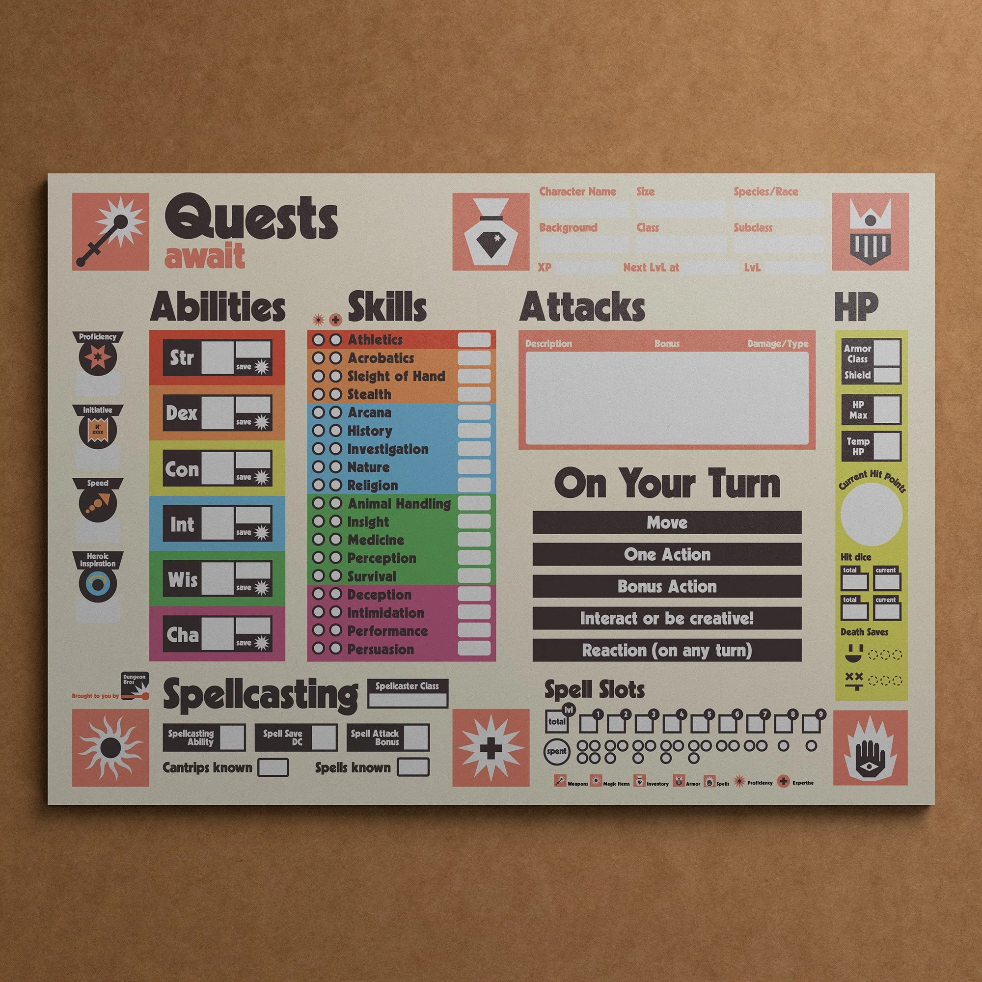 Dungeon Bros DnD 5e Quests await kids & beginner Character Sheet title