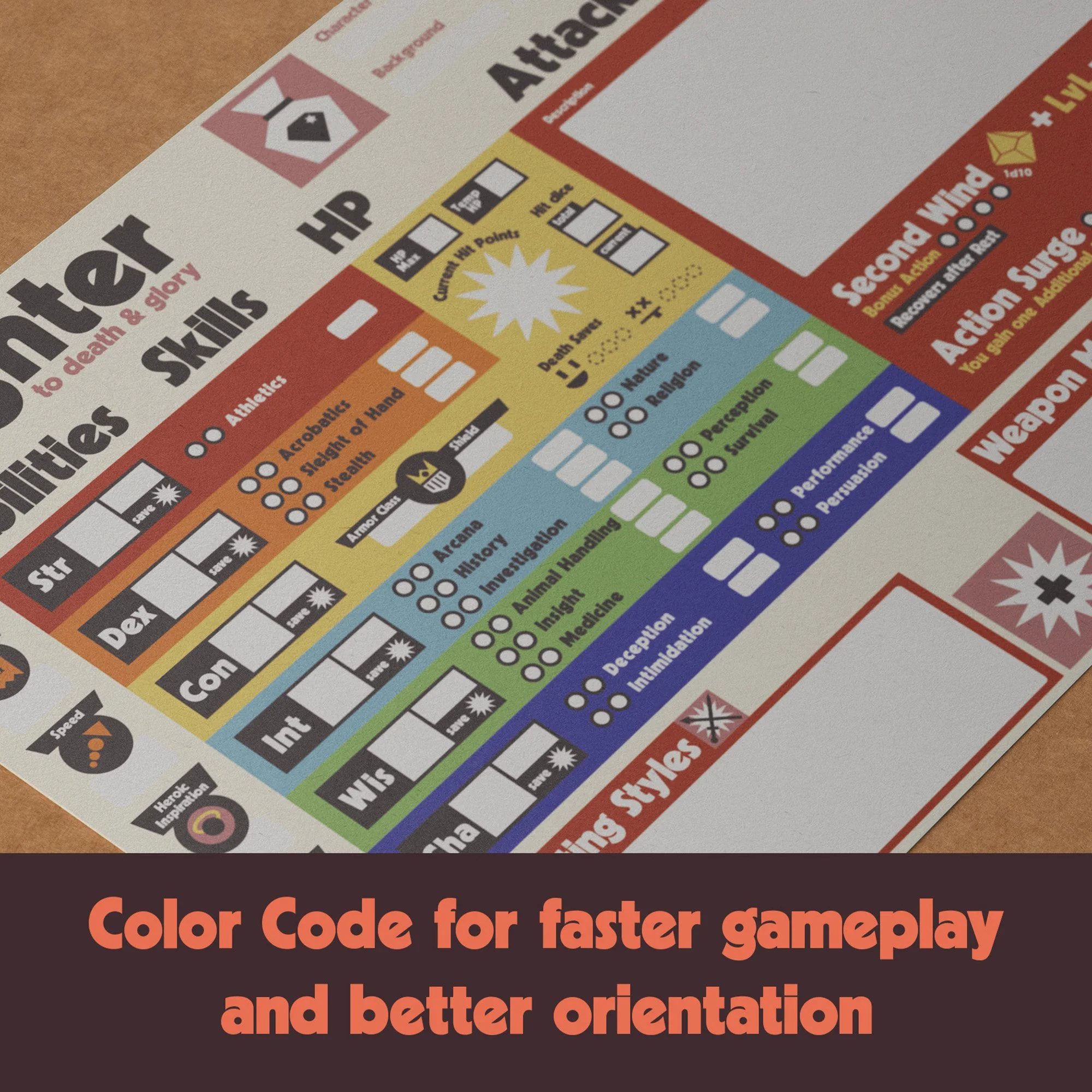 Dungeon Bros DnD 5e Fighter Character Sheet class specific color coded stats