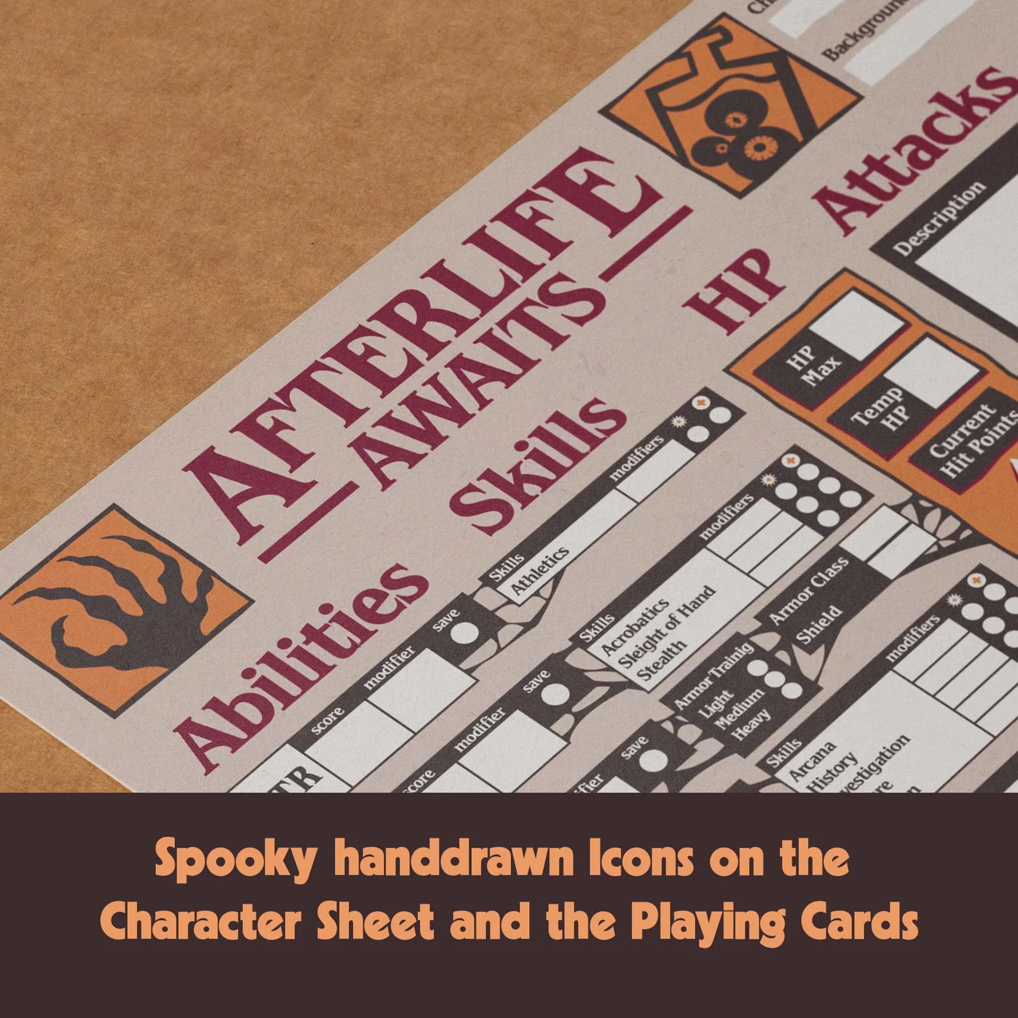 Dungeon Bros DnD 5e Afterlife awaits Character Sheet handdrawn icons on sheet and cards