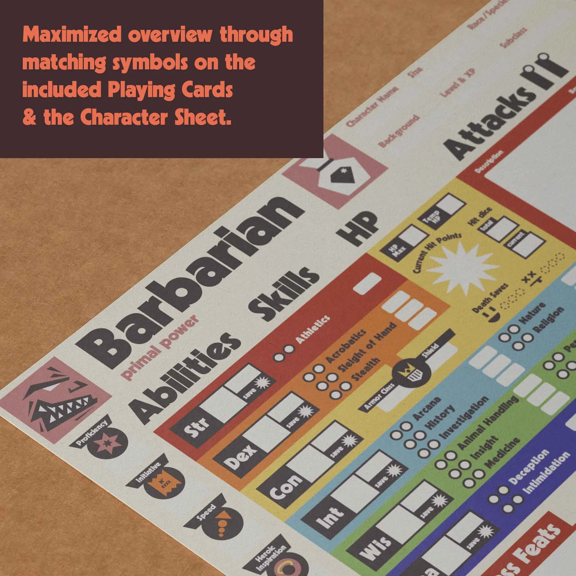 Dungeon Bros DnD Barbarian Class Character Sheet maximized overview with matching symbols on the cards and the sheet