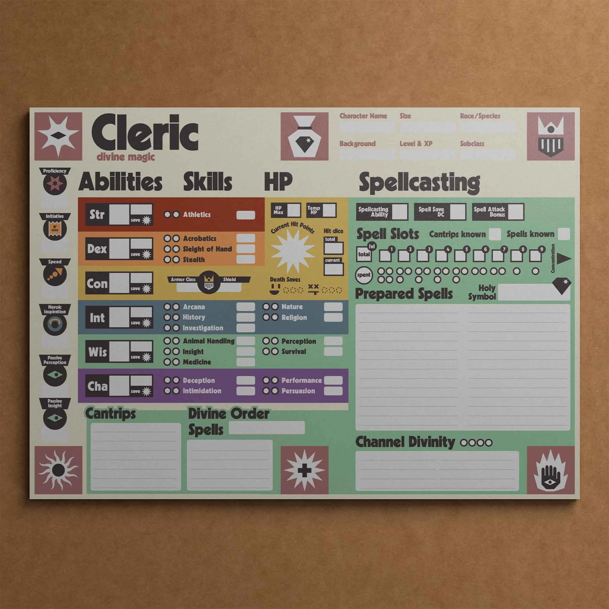 DnD 5e class specific Cleric character sheet Dungeon Bros title front page