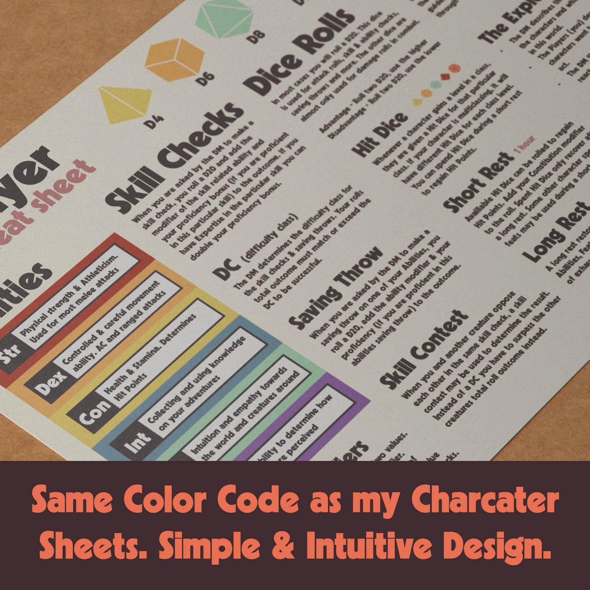 Dungeon Bros DnD 5e player cheat sheet color coded
