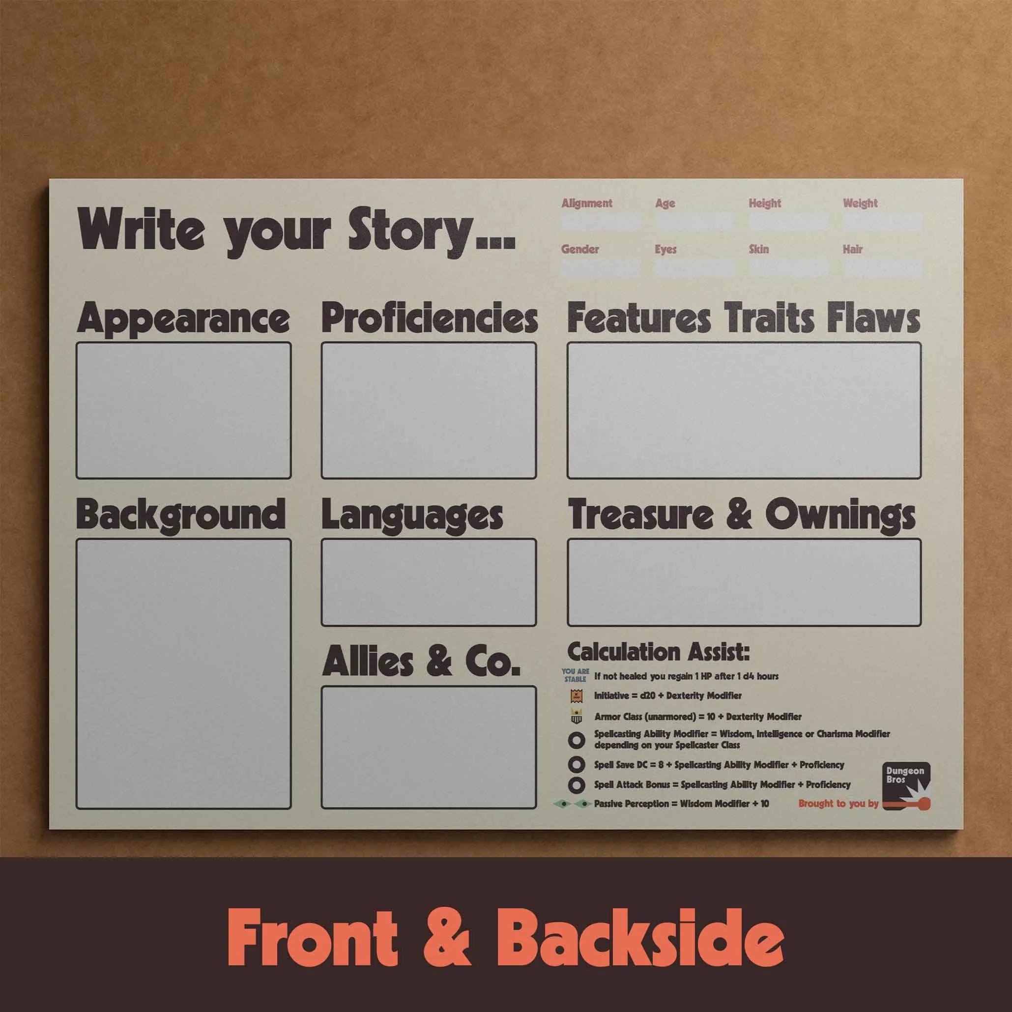 Dungeon Bros DnD 5e Adventure awaits Character Sheet backsides included