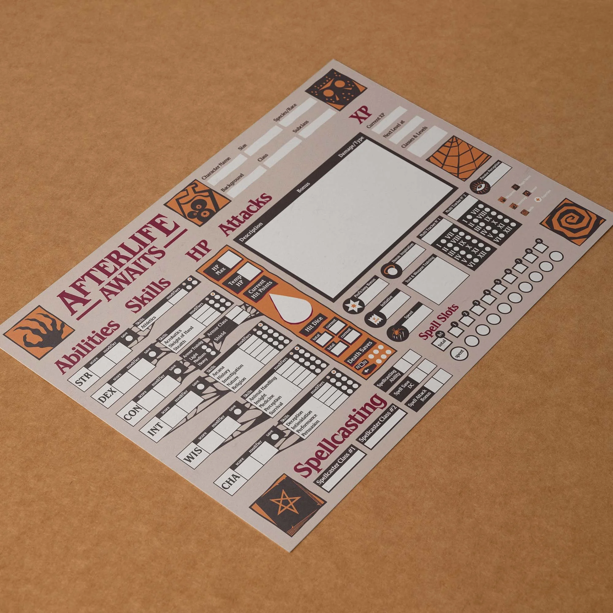 Dungeon Bros DnD 5e Afterlife awaits Character Sheet front view