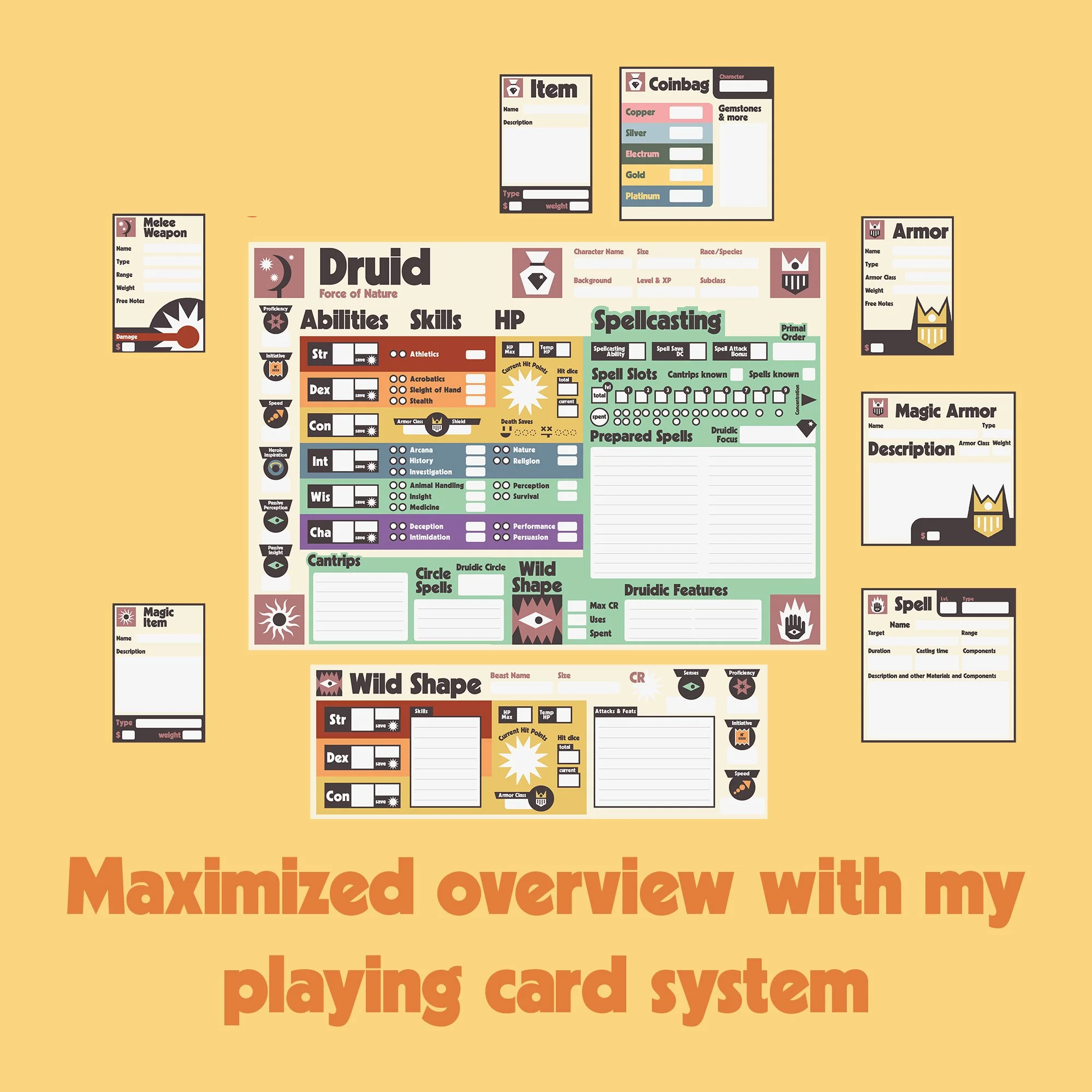 Dungeon Bros DnD 5e Druid Character Sheet class specific maximized overview with clean design and playing card system