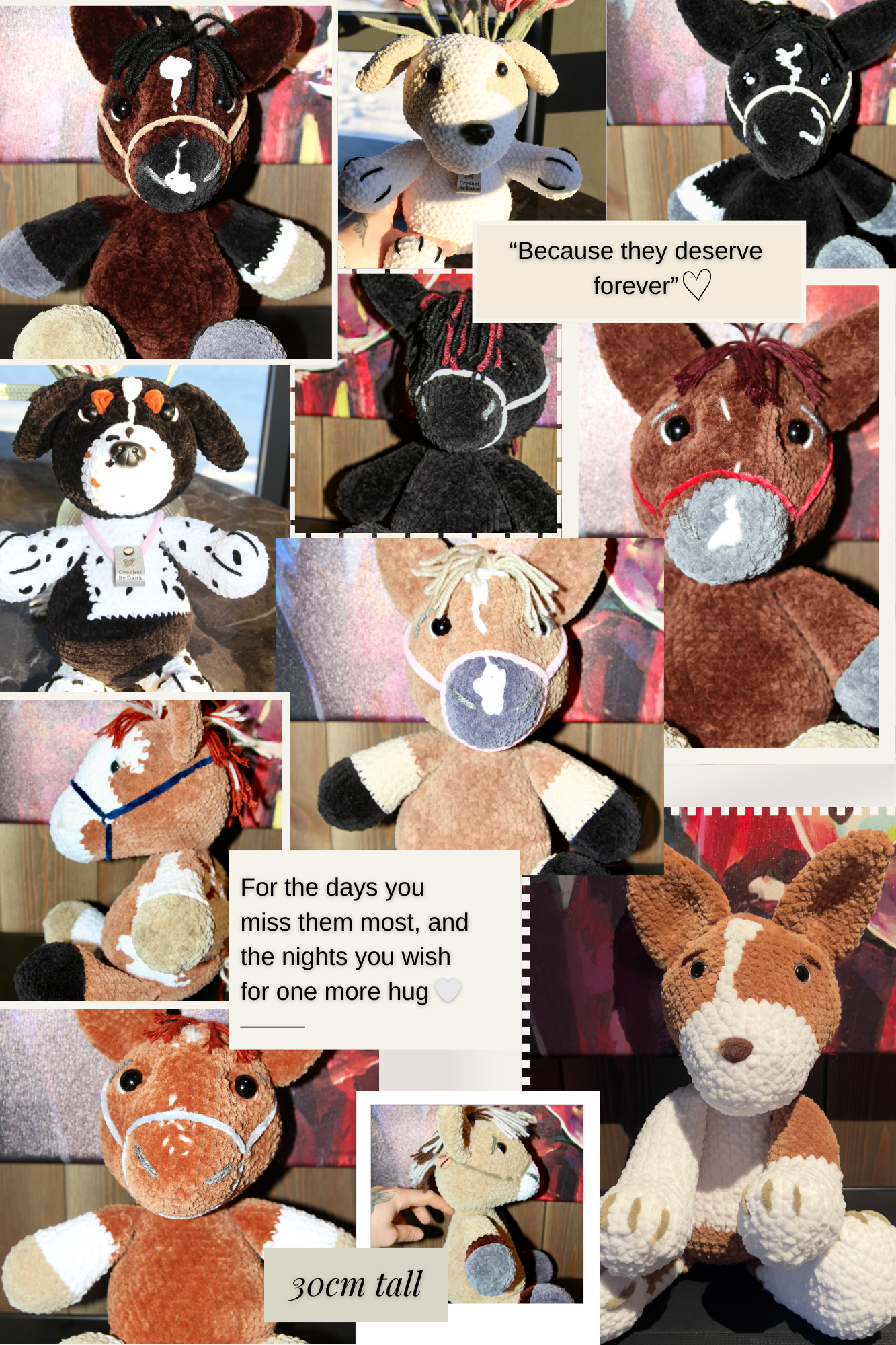 Handmade custom crochet animal plushies collage featuring detailed horses, dogs, and cats, crafted with high-quality yarn and careful attention to detail, perfect as unique gifts or decorative soft toys. They are great custom pet memorials or gifts.