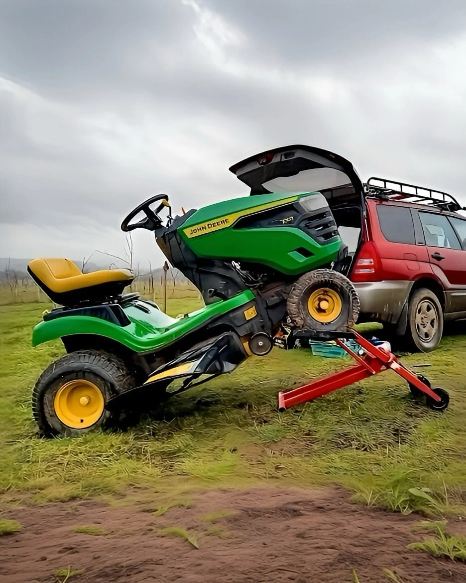A green John Deere ride-on lawn mower is mounted on a red hydraulic lift in an outdoor field, with a red SUV vehicle parked nearby under a cloudy sky.