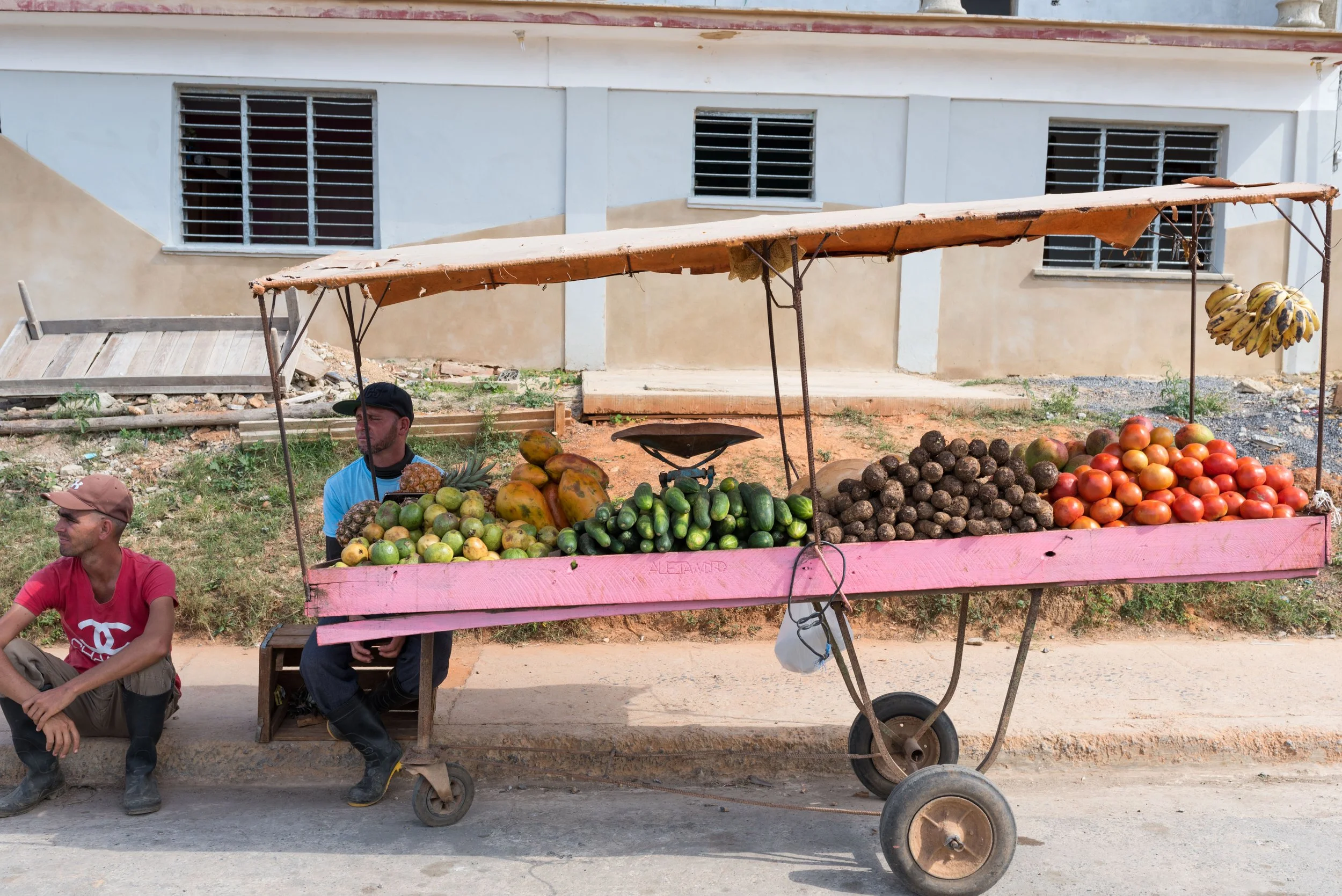 Marché de fruits et légumes avec deux vendeurs assis à côté d'un chariot de marchandises. Le chariot est rempli de fruits comme des papayes, des avocats, des tomates et des bananes.