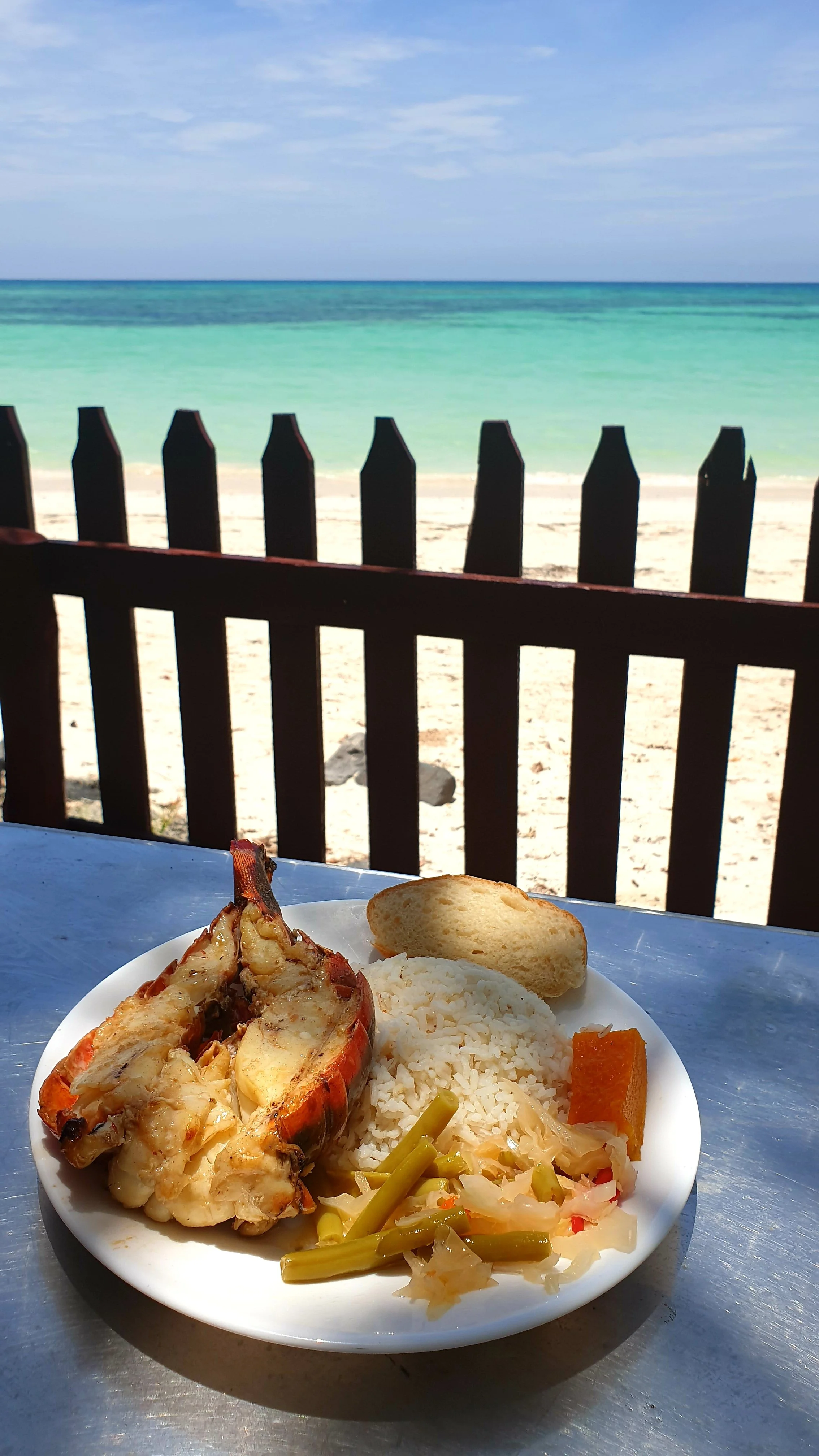Assiette de nourriture comprenant du riz, des légumes et une belle langouste, avec vue sur une mer turquoise en arrière plan.