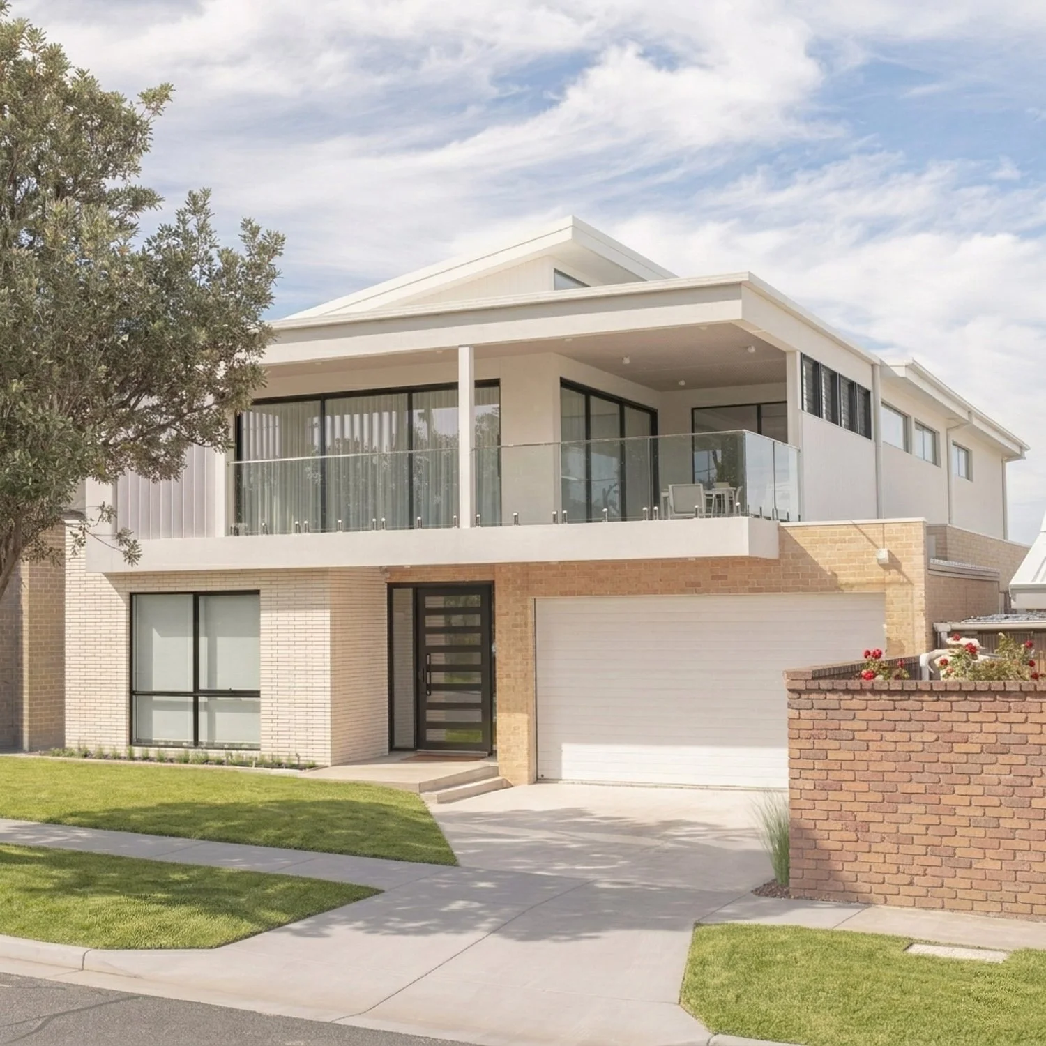 A house under construction with wooden framing, solar panels on a neighboring roof, and a blue sky.