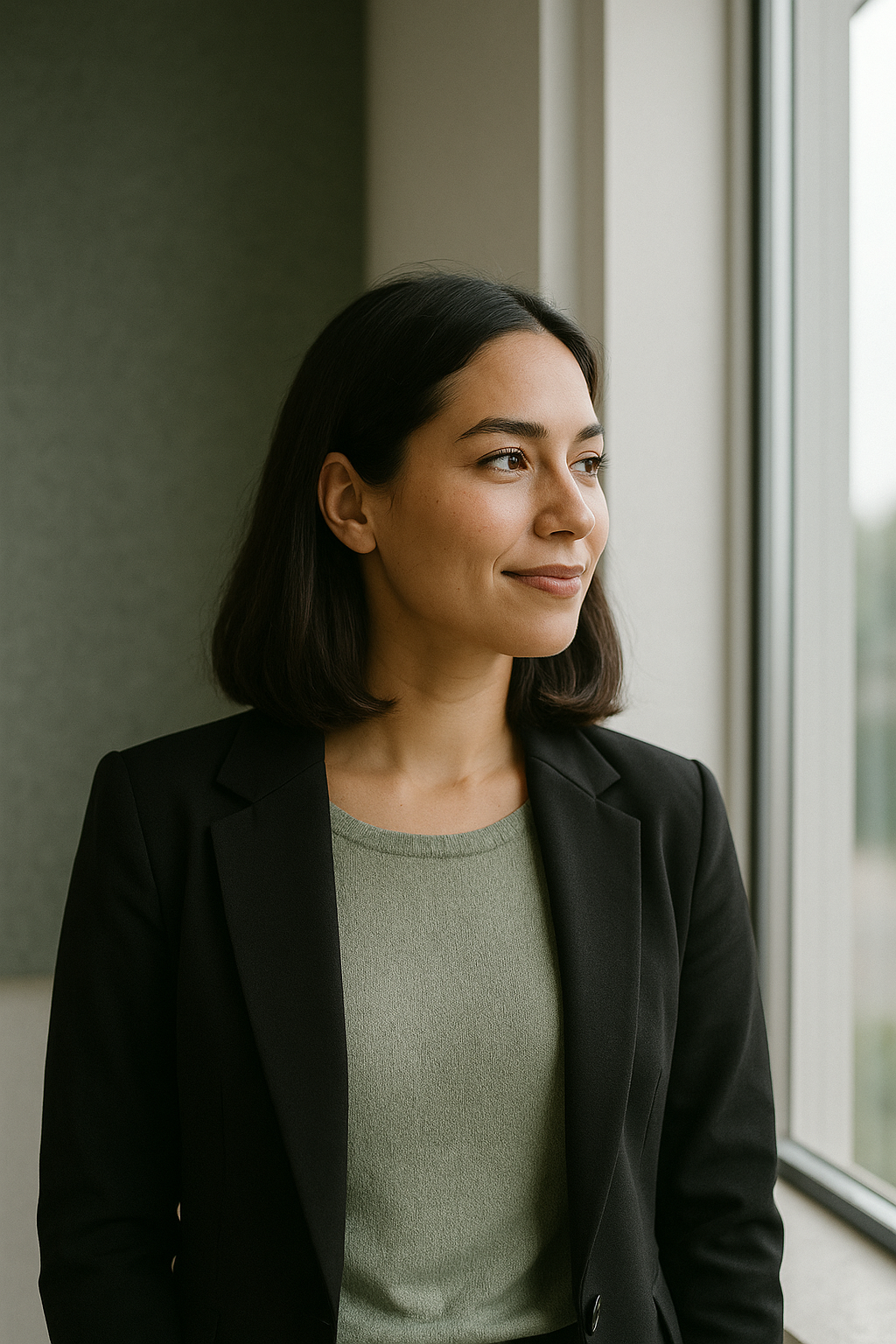 Confident professional woman with a calm expression, standing by a window in natural light, dressed in smart-casual attire – representing the approachable, growth-focused ethos
