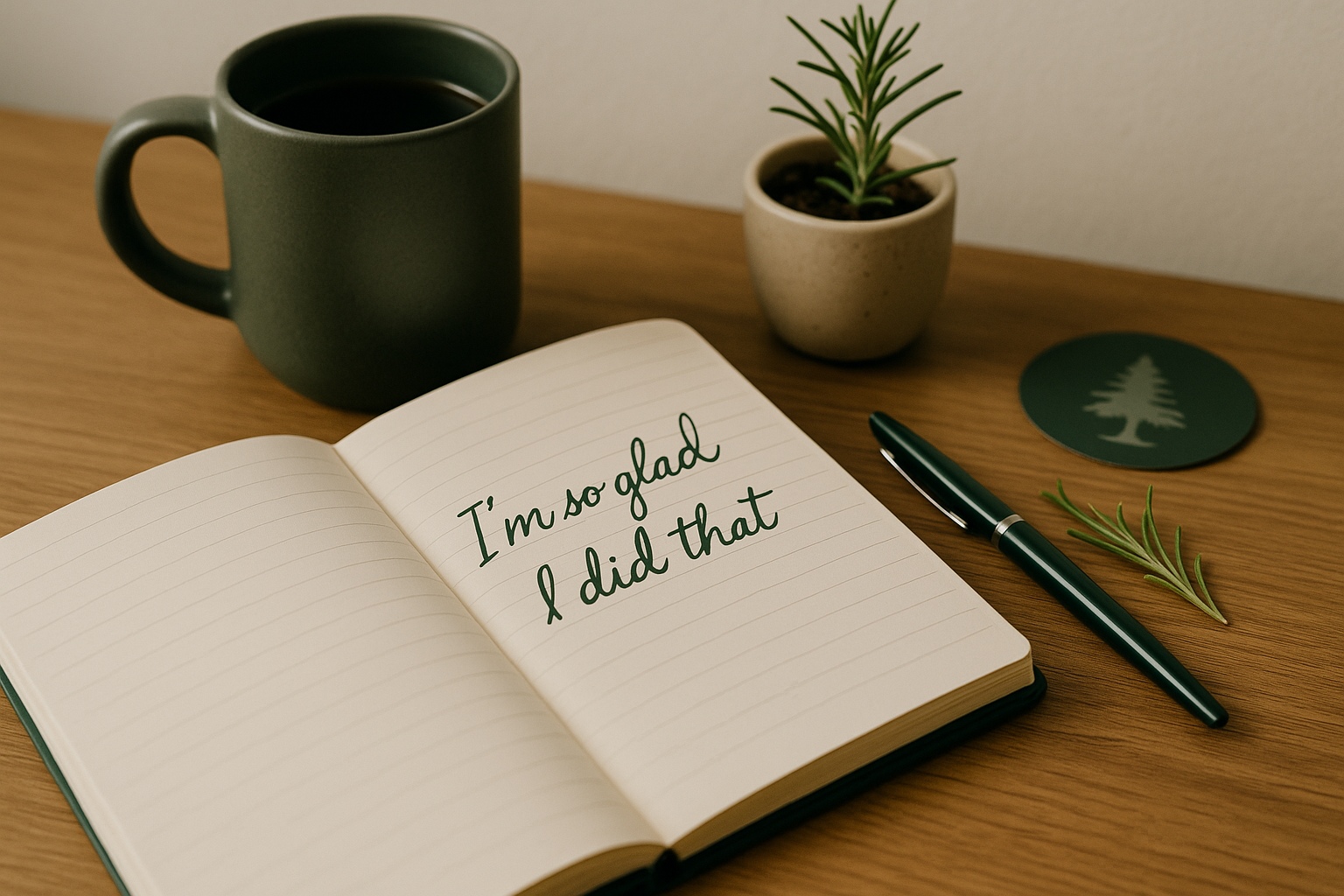 Open notebook on a wooden desk with handwritten text that says, 'I'm so glad I did that,' a pen, a small potted plant, a green mug filled with coffee, and a round coaster with a pine tree design.