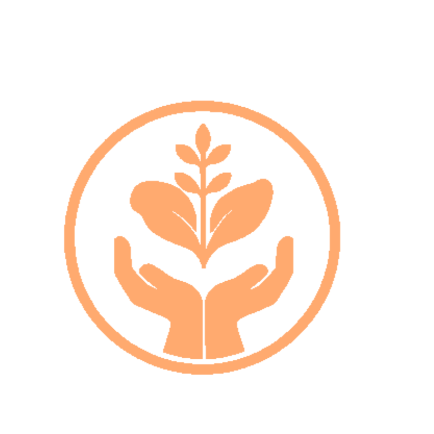 Cedar Coaching -Icon of two hands holding a leafy plant inside a circle, symbolizing growth and support.
