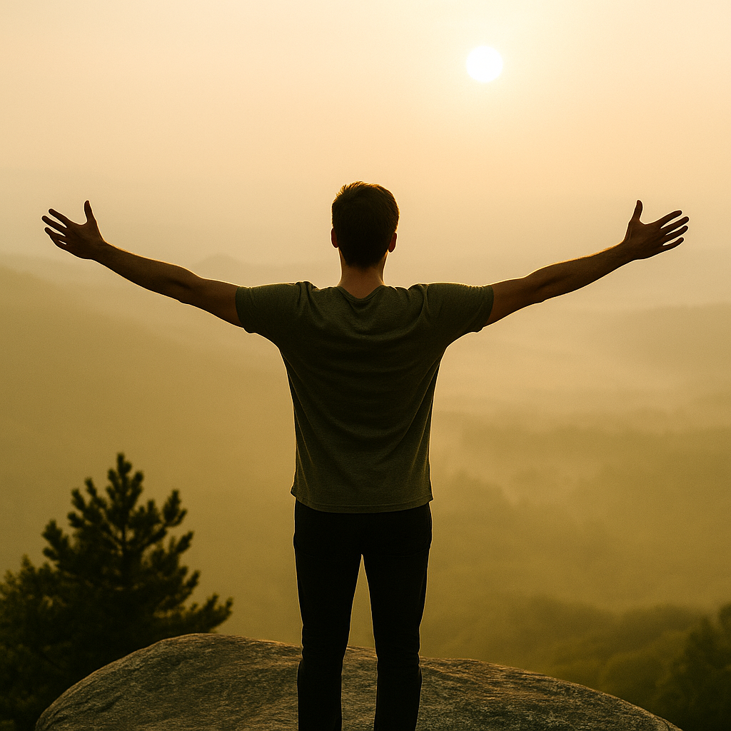 Person standing on a mountaintop at sunrise with arms outstretched, facing a misty landscape of rolling hills – symbolising personal empowerment, breakthrough moments, and the expansive self-discovery journey supported by Cedar Coaching.