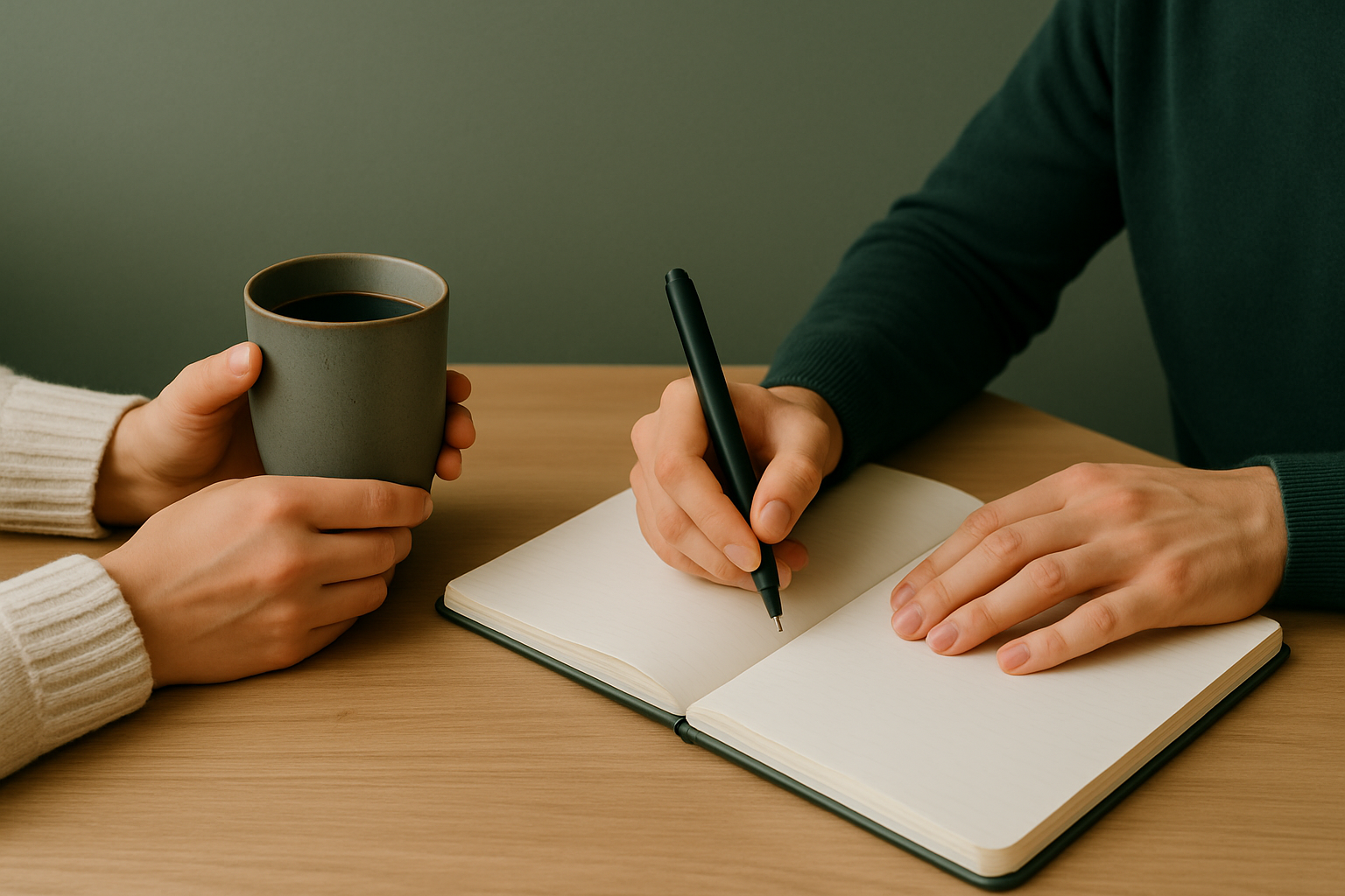 Close-up of a life coaching session showing hands holding a coffee mug and writing in a notebook, set on a wooden table with a calm green background – Cedar Coaching brand imagery