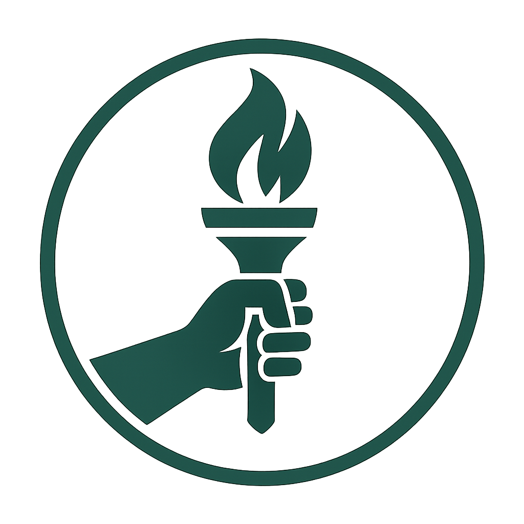 Dark green icon of a hand holding a flaming torch within a circle – symbolising Cedar Coaching’s commitment to empowering individuals through clarity, courage, and purpose-led personal and professional development."