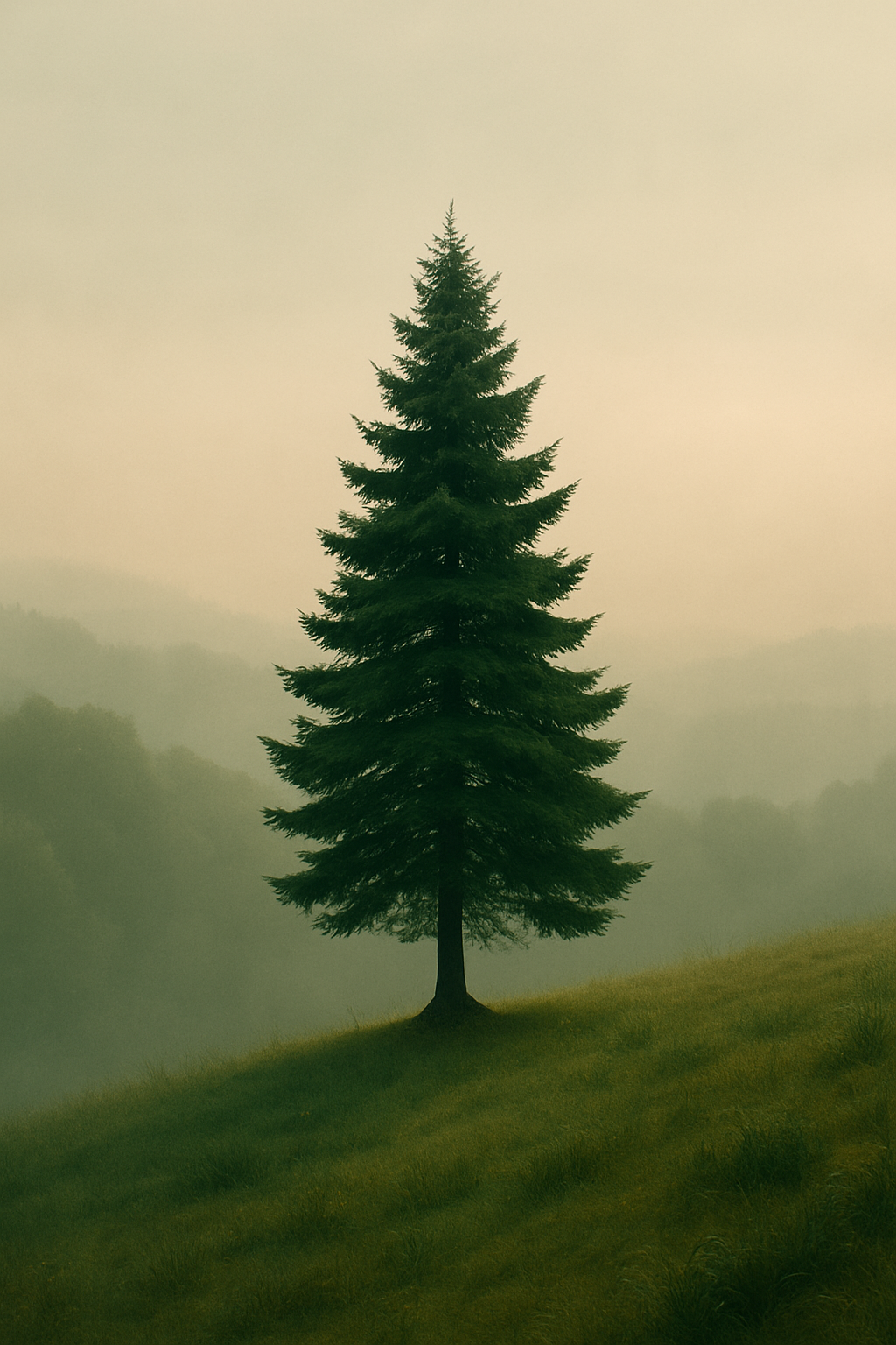 Majestic evergreen tree standing alone on a misty hillside at sunrise, surrounded by soft rolling hills and golden-green grass – representing Cedar Coaching’s core values of grounded growth, resilience, and natural transformation through coaching.