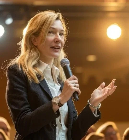Cedar Coaching - A woman with blonde hair giving a speech or presentation indoors, holding a microphone, wearing a white shirt and dark blazer, with warm lighting in the background.