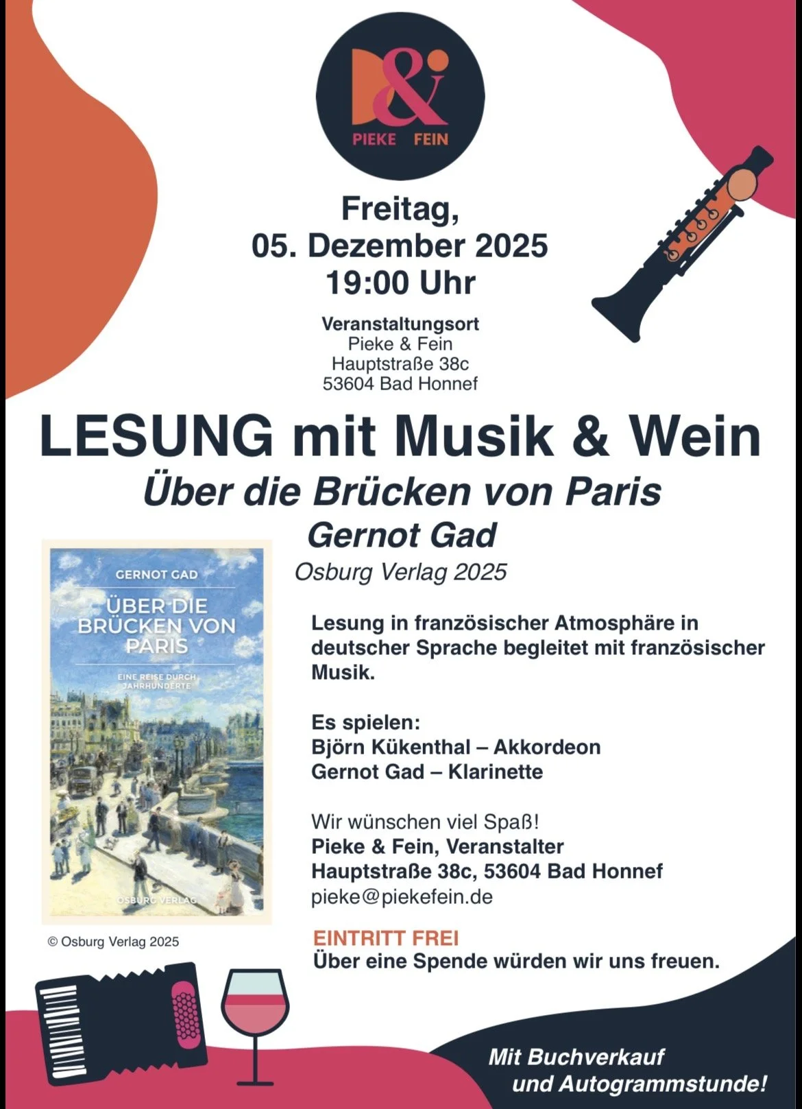 Lesung mit Musik &amp; Wein – Über die Brücken von Paris 