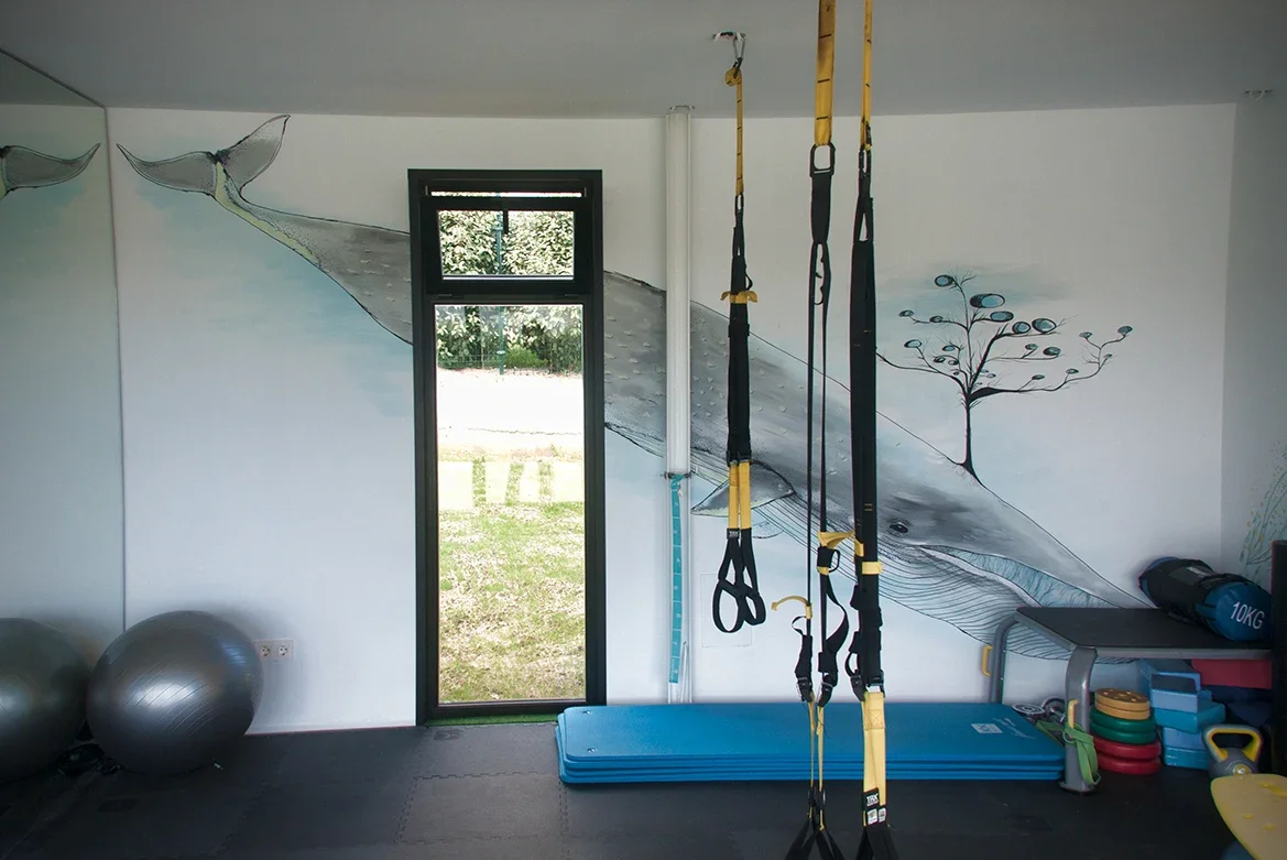 Fitness room with suspension training equipment, exercise balls, and mats in front of a mural featuring a whale, a tree, and a landscape.