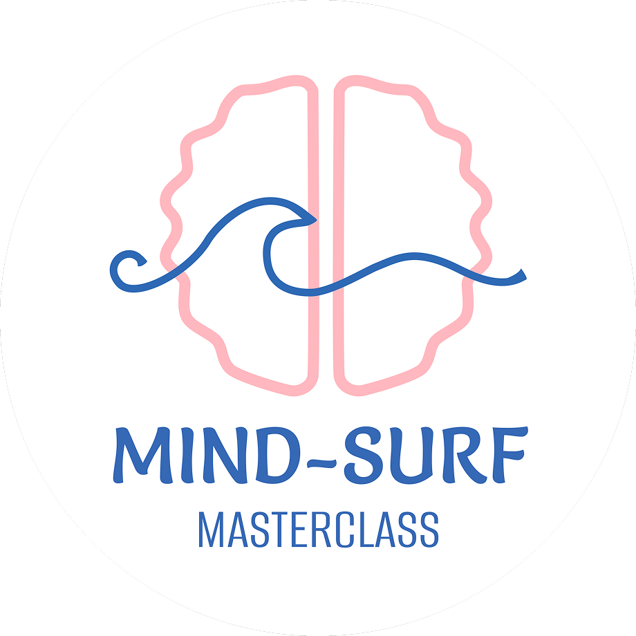 A logo for 'Mind-Surf Masterclass' featuring a pink outline of a brain and a blue surfboard-shaped line crossing through it, with the text below in blue.