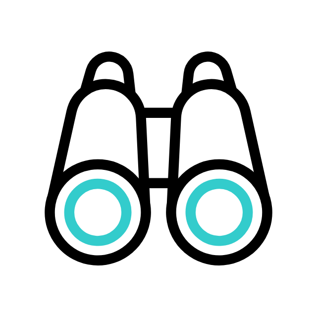 Binocolo stilizzato in linee nere con dettagli azzurri sui lenti