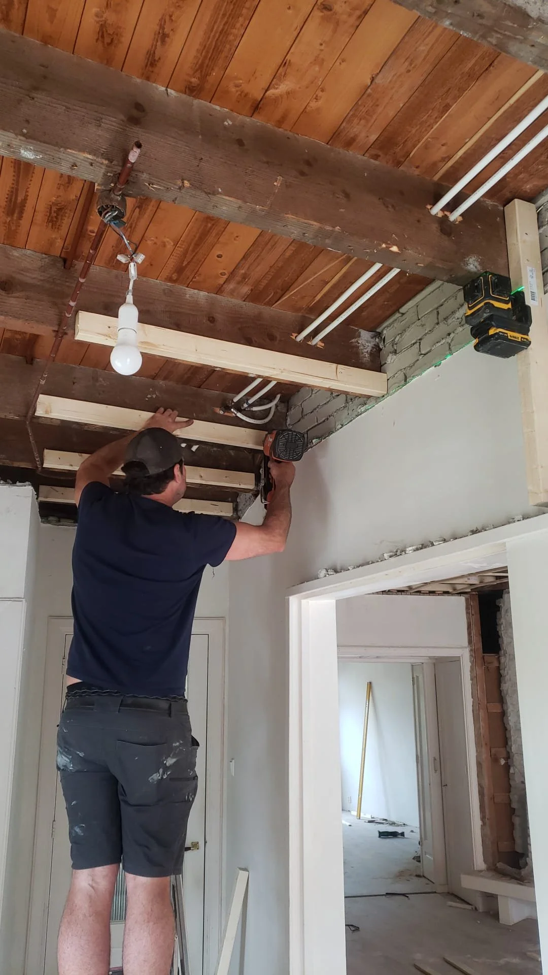 Re-levelling ceiling, ceiling refurbishment and restoration. Timber construction and carpentry.