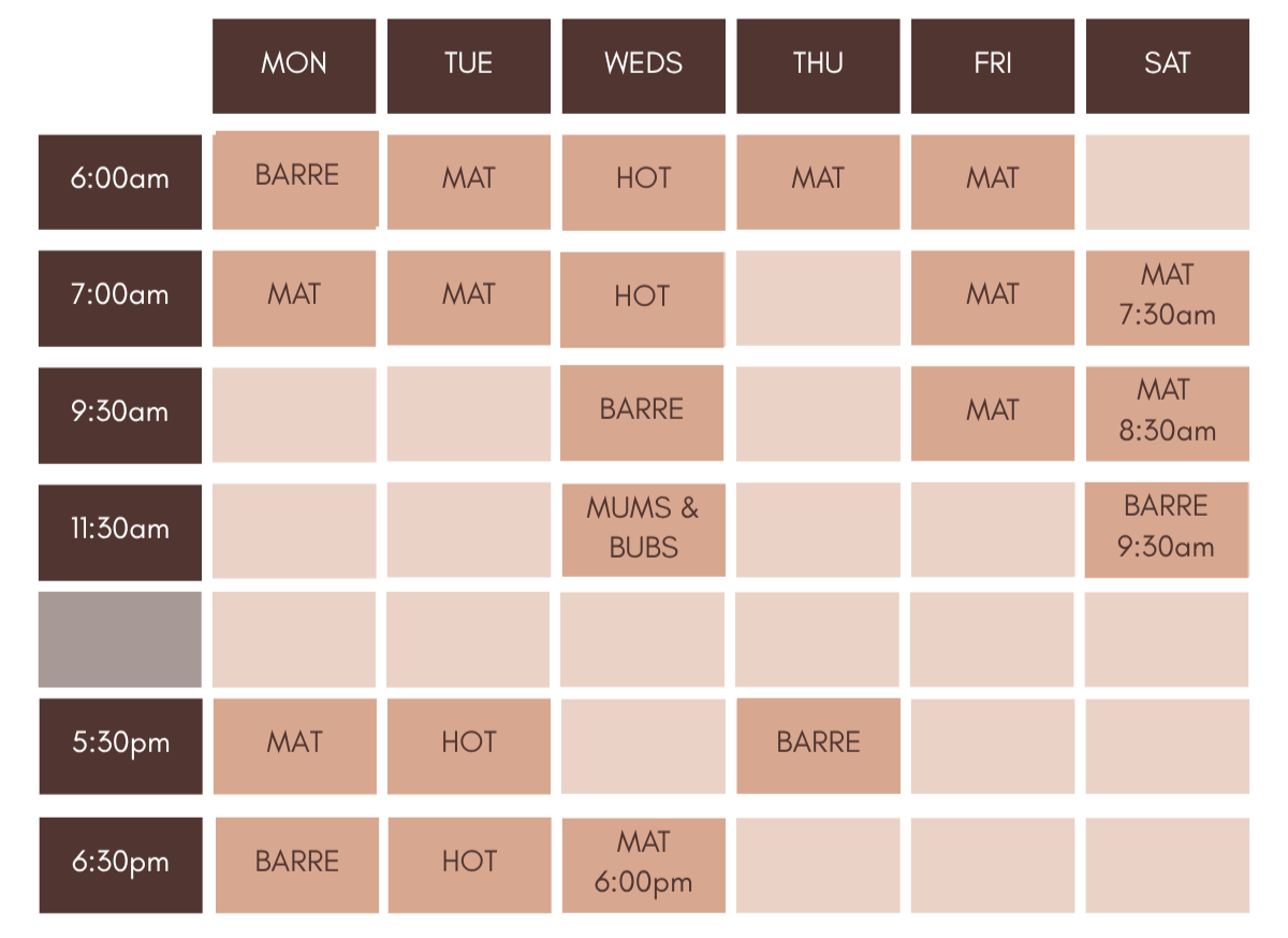 Weekly fitness class schedule with times and types of classes from Monday to Saturday