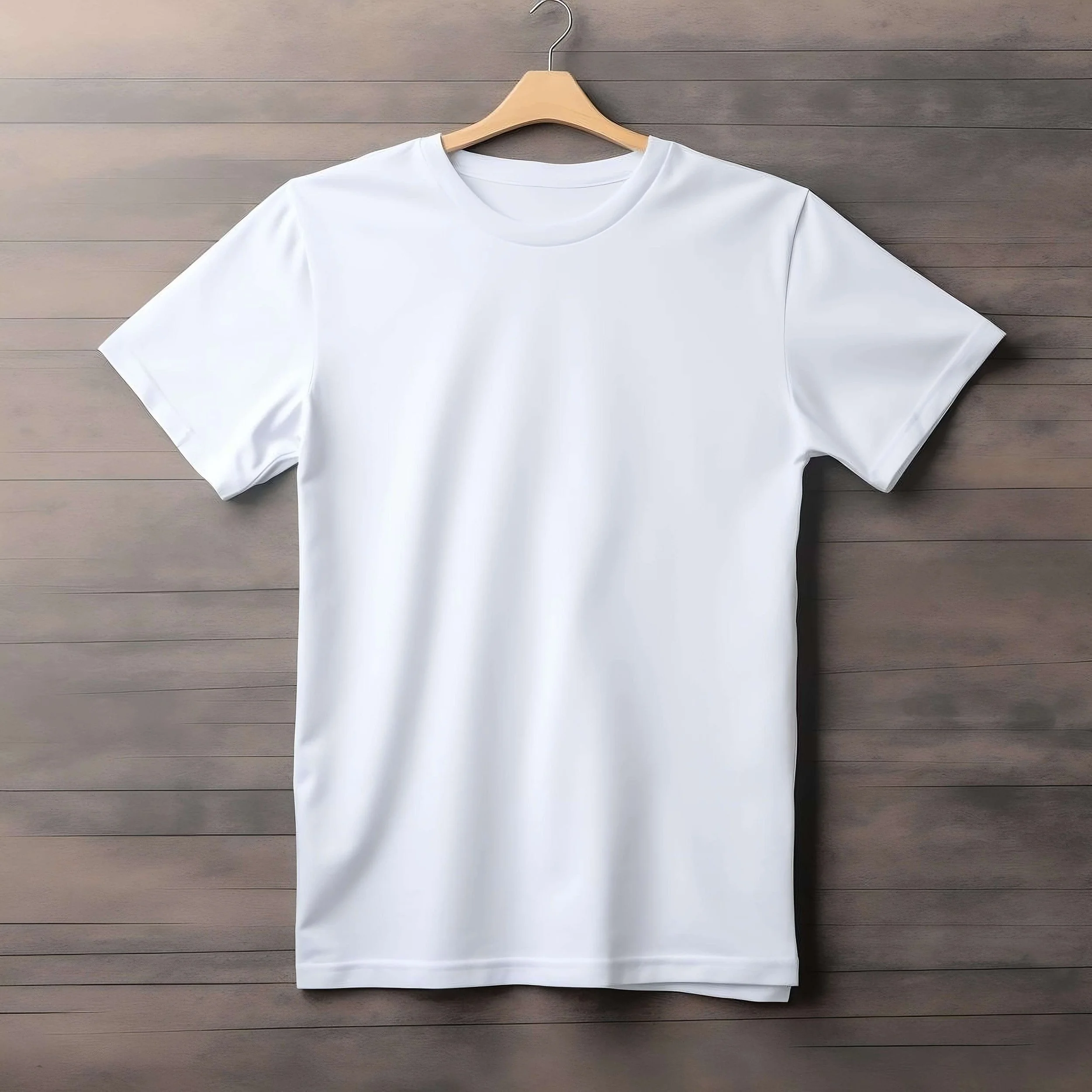 Plain white T-shirt hanging on a wooden hanger against a wooden wall.