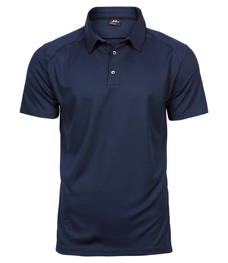 Navy blue short-sleeve polo shirt with a collar and button placket