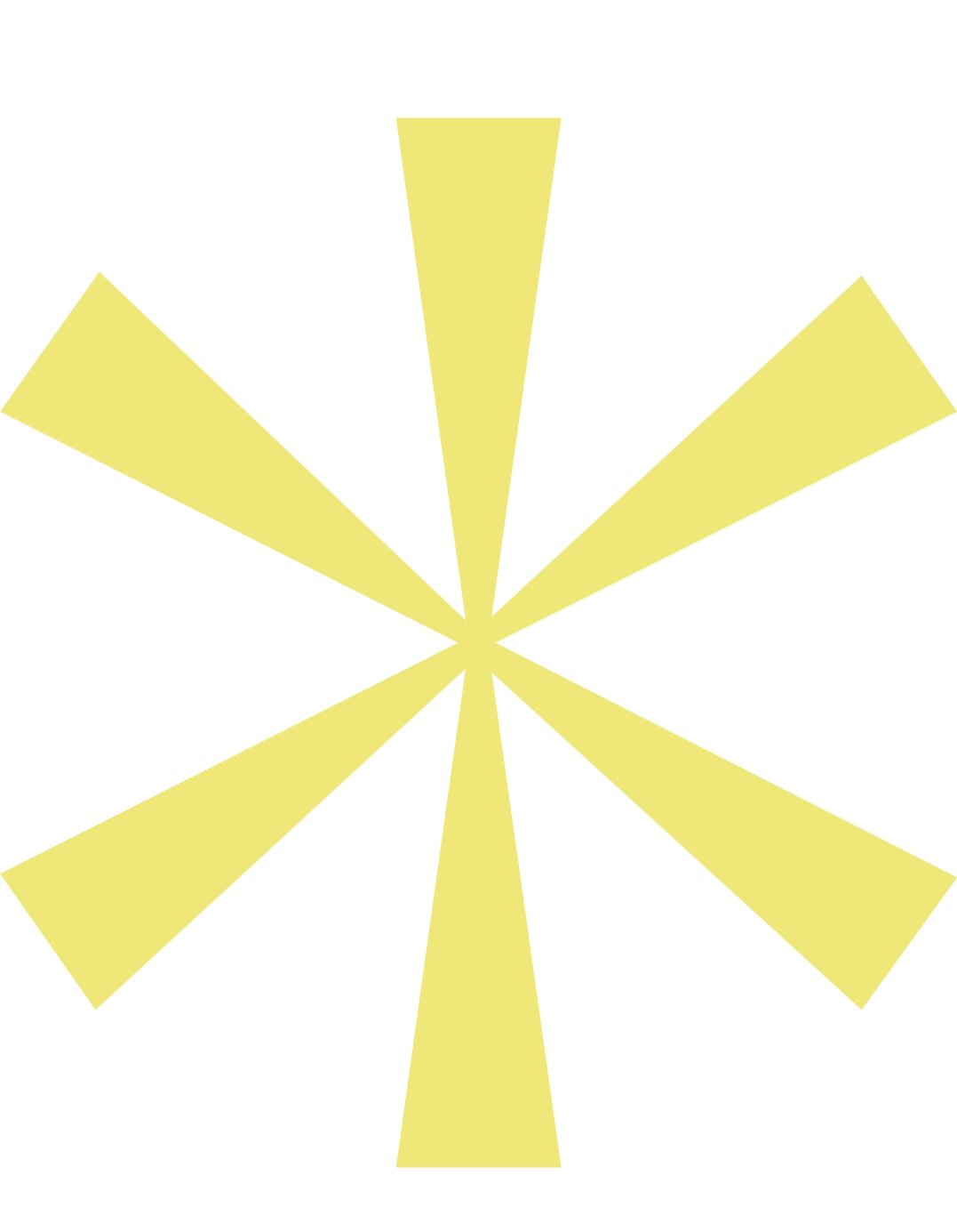 Yellow geometric starburst pattern with eight triangular sections on a white background.