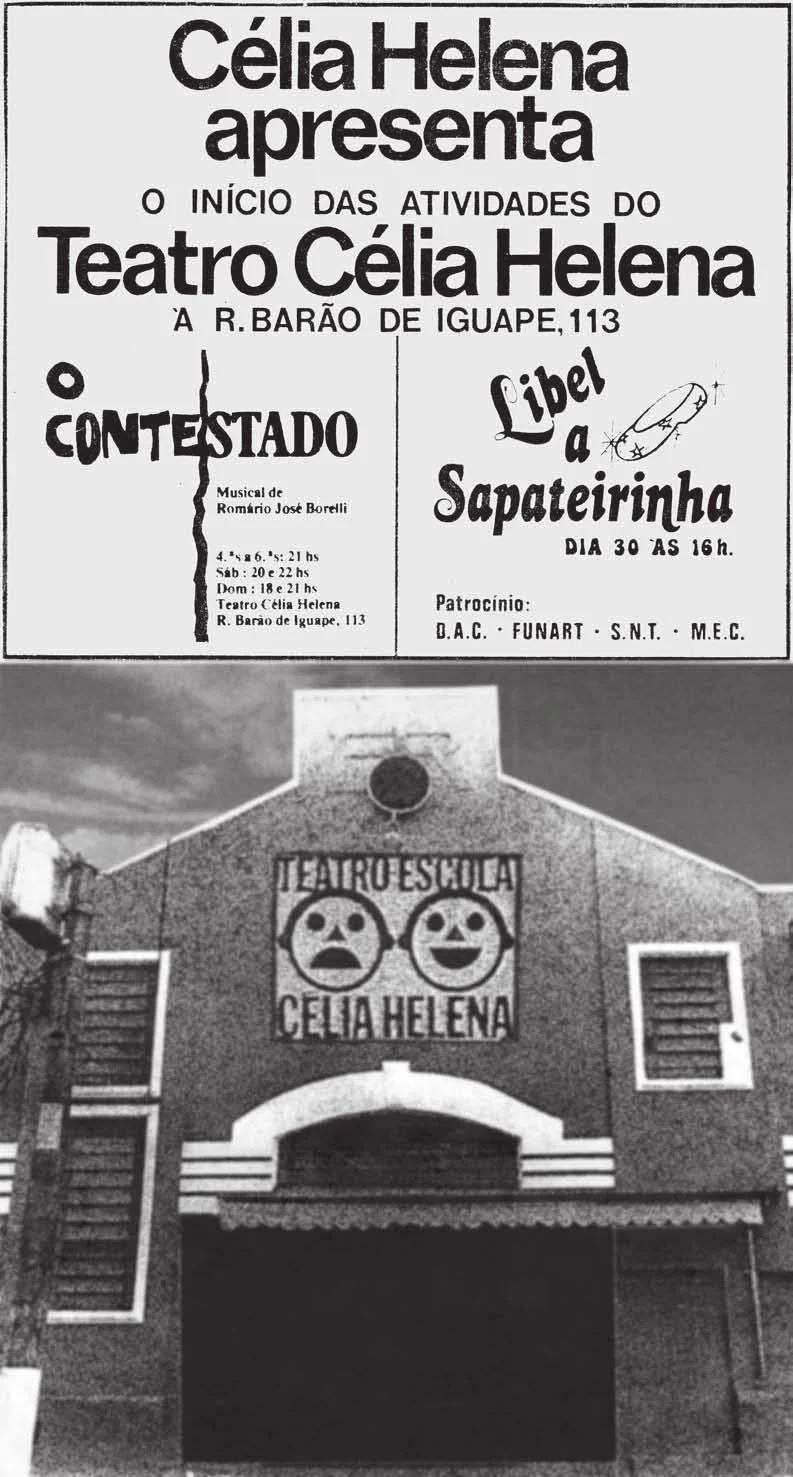 Cartaz publicitário e fachada de uma escola ou teatro chamada Célia Helena, com informações sobre apresentações e atividades culturais, incluindo um evento chamado "Libel a Sapateirinha" no dia 30 às 16h.